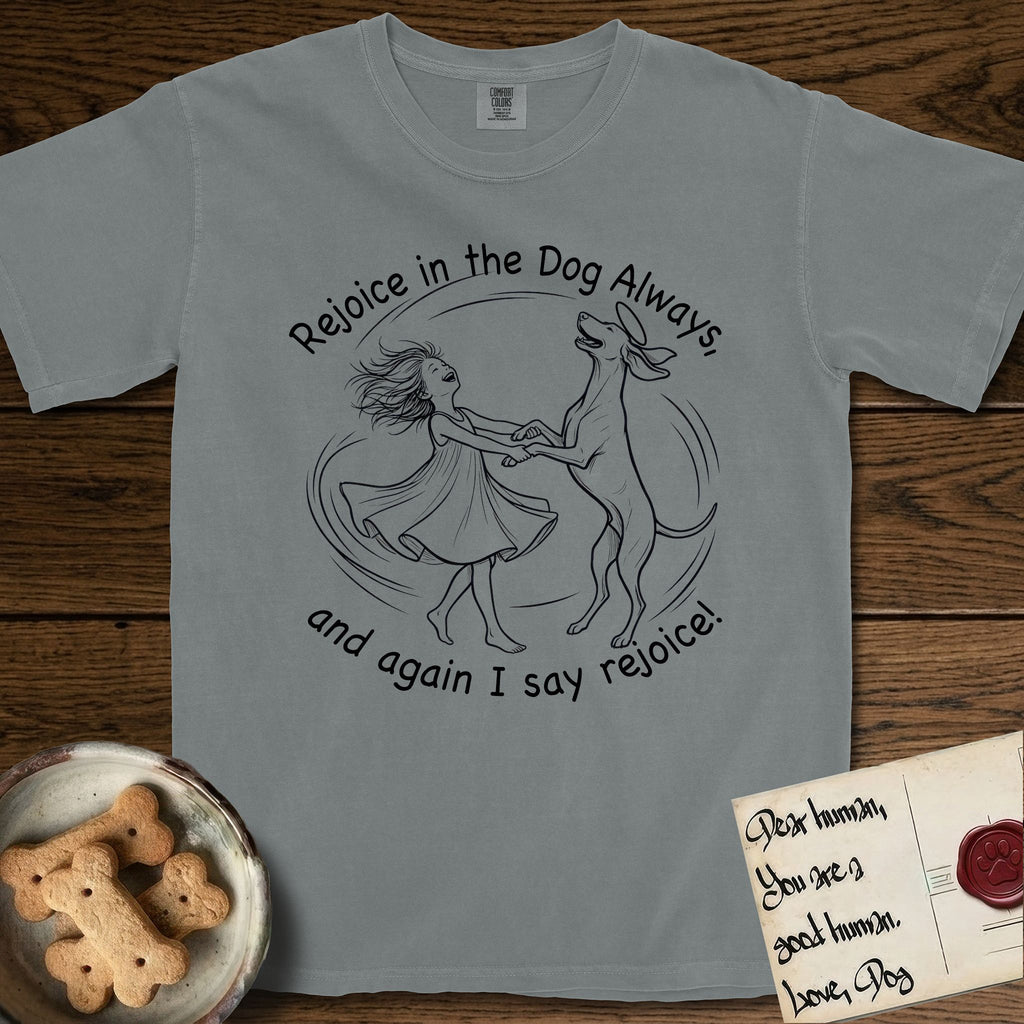 Rejoice in the Dog Vizsla T-Shirt flat lay in Granite, featuring a sparse pen-and-ink illustration of a girl and her Vizsla spinning together, hands and paws clasped.