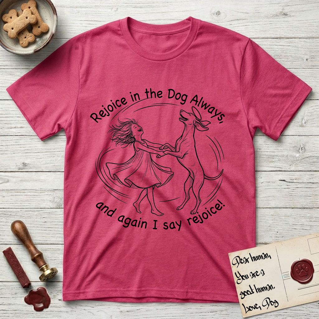 Rejoice in the Dog Vizsla T-Shirt flat lay in Heather Red, featuring a sparse pen-and-ink illustration of a girl and her Vizsla spinning together, hands and paws clasped.