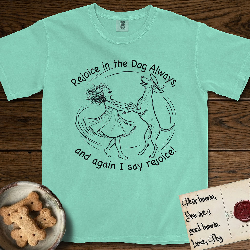 Rejoice in the Dog Vizsla T-Shirt flat lay in Island Reef, featuring a sparse pen-and-ink illustration of a girl and her Vizsla spinning together, hands and paws clasped.