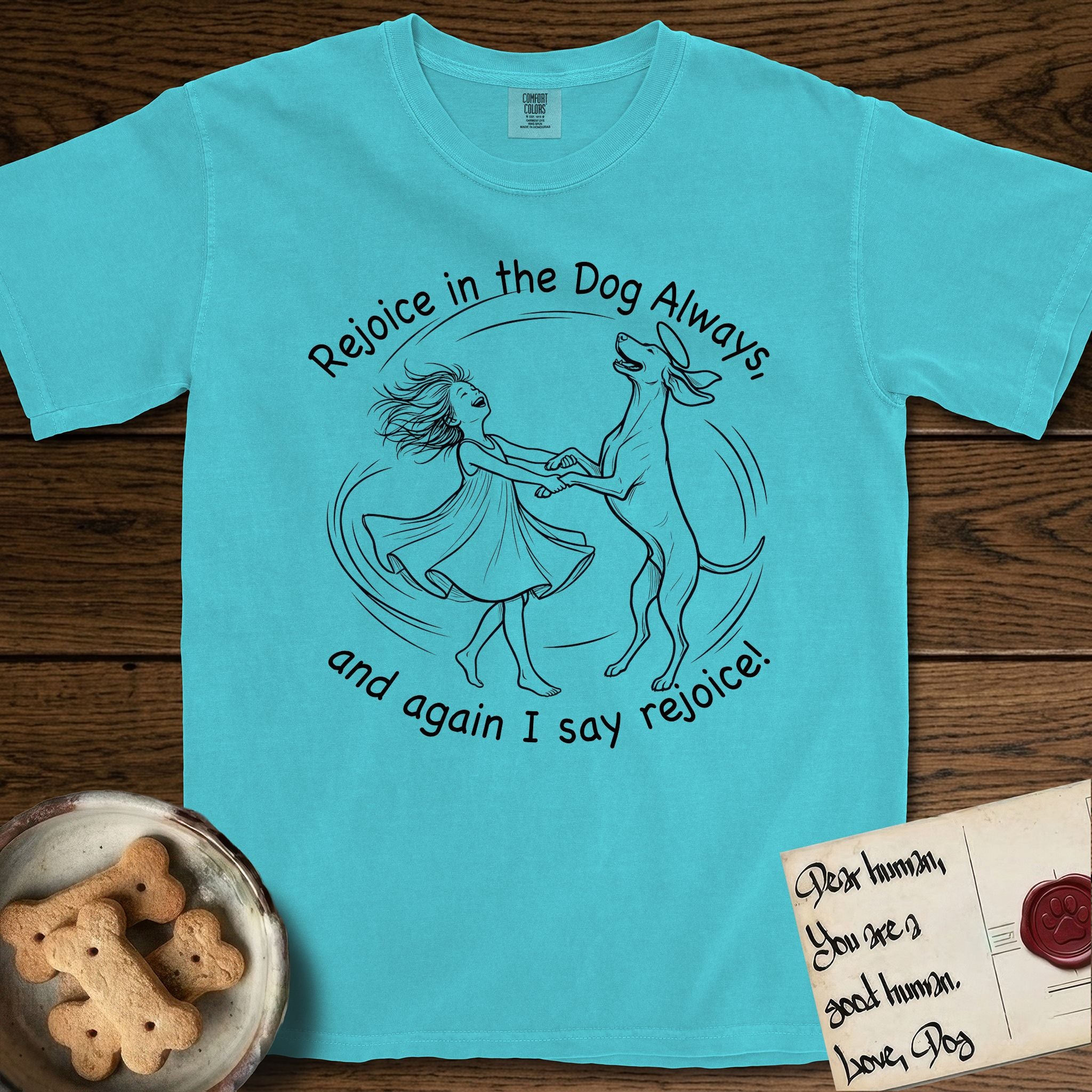 Rejoice in the Dog Vizsla T-Shirt flat lay in Lagoon Blue, featuring a sparse pen-and-ink illustration of a girl and her Vizsla spinning together, hands and paws clasped.