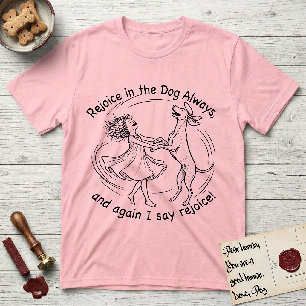 Rejoice in the Dog Vizsla T-Shirt flat lay in Light Pink, featuring a sparse pen-and-ink illustration of a girl and her Vizsla spinning together, hands and paws clasped.