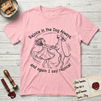 Rejoice in the Dog Vizsla T-Shirt flat lay in Light Pink, featuring a sparse pen-and-ink illustration of a girl and her Vizsla spinning together, hands and paws clasped.