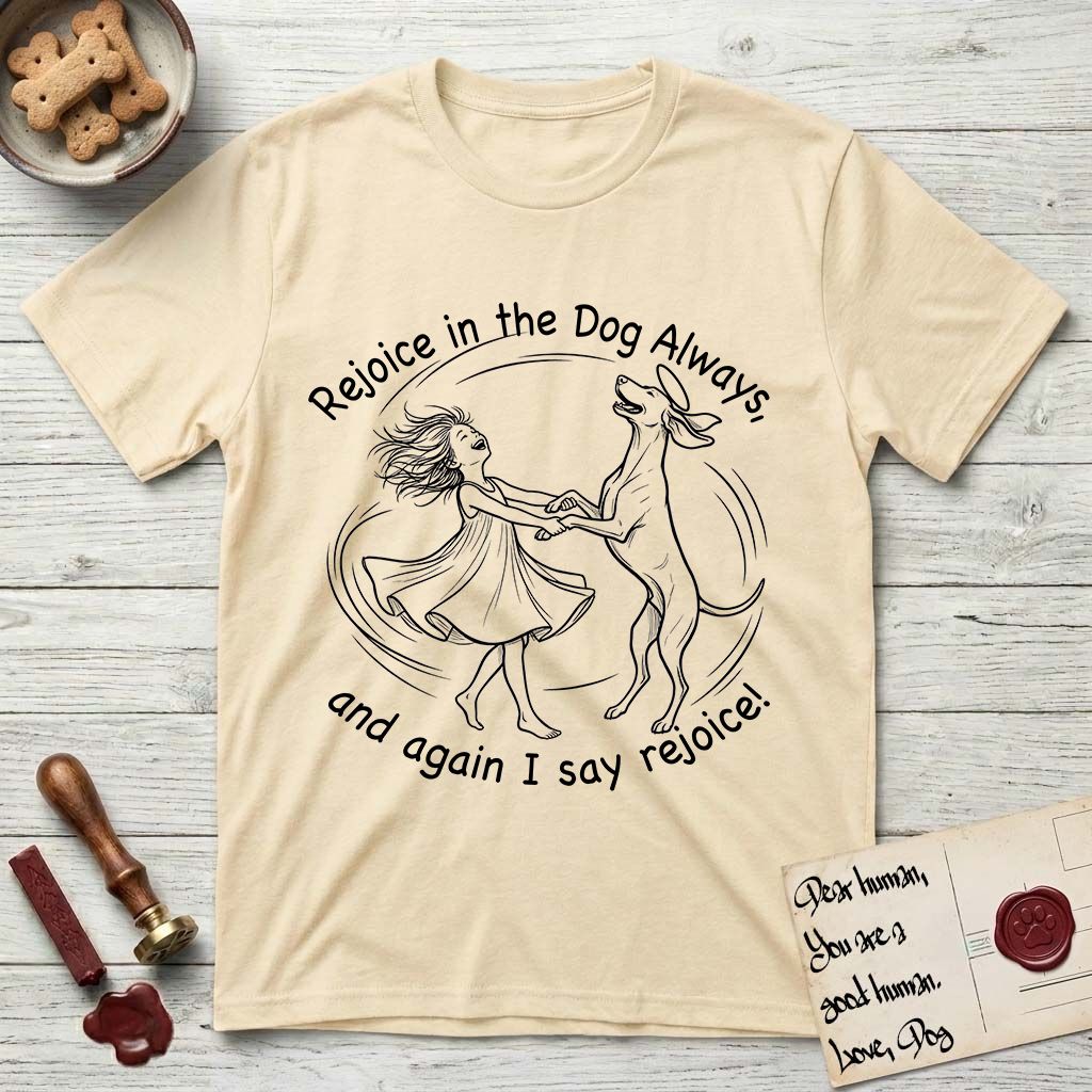Rejoice in the Dog Vizsla T-Shirt flat lay in Natural, featuring a sparse pen-and-ink illustration of a girl and her Vizsla spinning together, hands and paws clasped.
