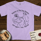 Rejoice in the Dog Vizsla T-Shirt flat lay in Orchid, featuring a sparse pen-and-ink illustration of a girl and her Vizsla spinning together, hands and paws clasped.