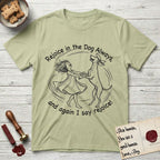 Rejoice in the Dog Vizsla T-Shirt flat lay in Pistachio, featuring a sparse pen-and-ink illustration of a girl and her Vizsla spinning together, hands and paws clasped.