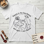 Rejoice in the Dog Vizsla T-Shirt flat lay in White, featuring a sparse pen-and-ink illustration of a girl and her Vizsla spinning together, hands and paws clasped.