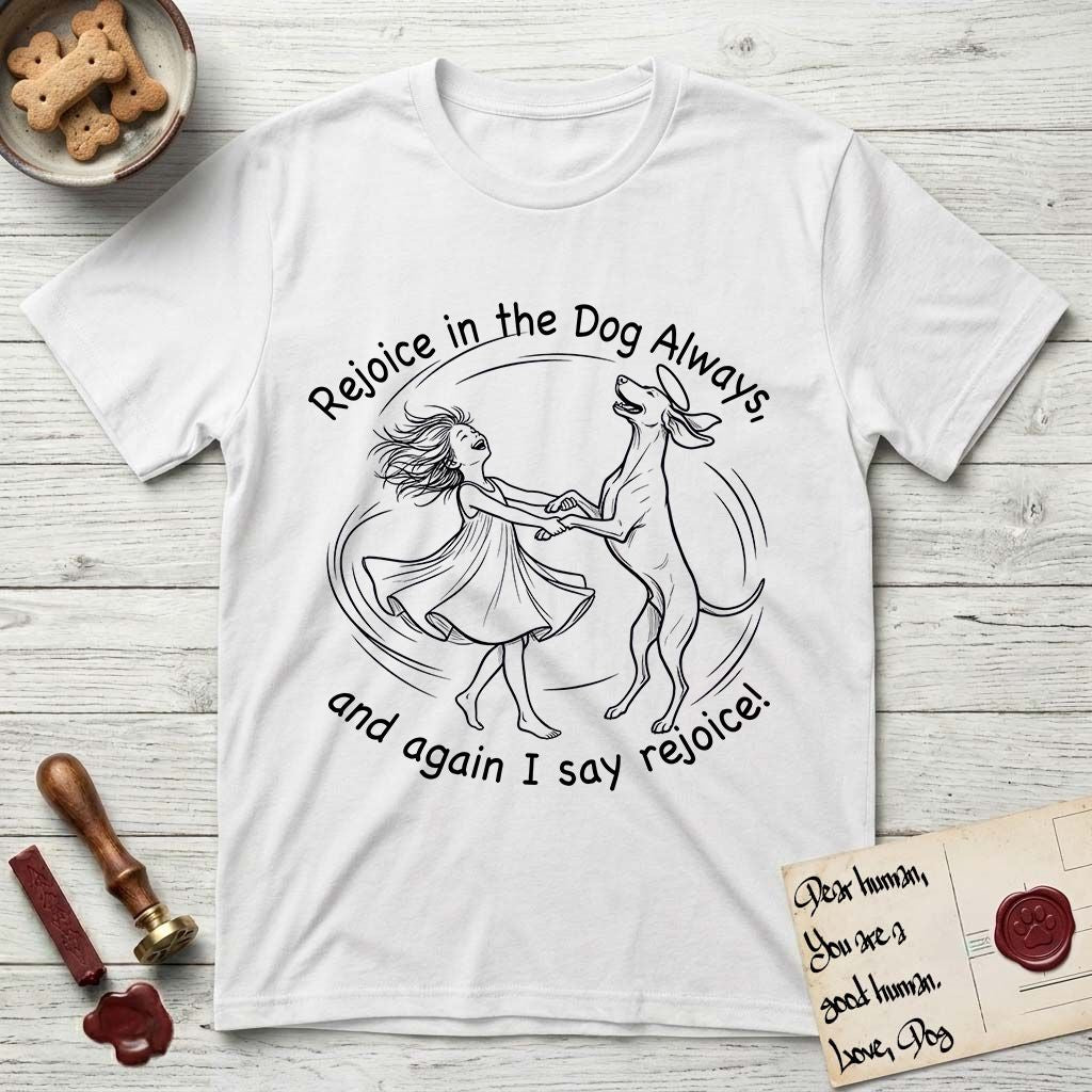 Rejoice in the Dog Vizsla T-Shirt flat lay in White, featuring a sparse pen-and-ink illustration of a girl and her Vizsla spinning together, hands and paws clasped.