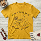 Rejoice in the Dog Whippet T-Shirt flat lay in Daisy, featuring a sparse pen-and-ink illustration of a girl and her Whippet dancing on his hind legs, both heads thrown back in joy.