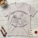 Rejoice in the Dog Whippet T-Shirt flat lay in Ice Grey, featuring a sparse pen-and-ink illustration of a girl and her Whippet dancing on his hind legs, both heads thrown back in joy.