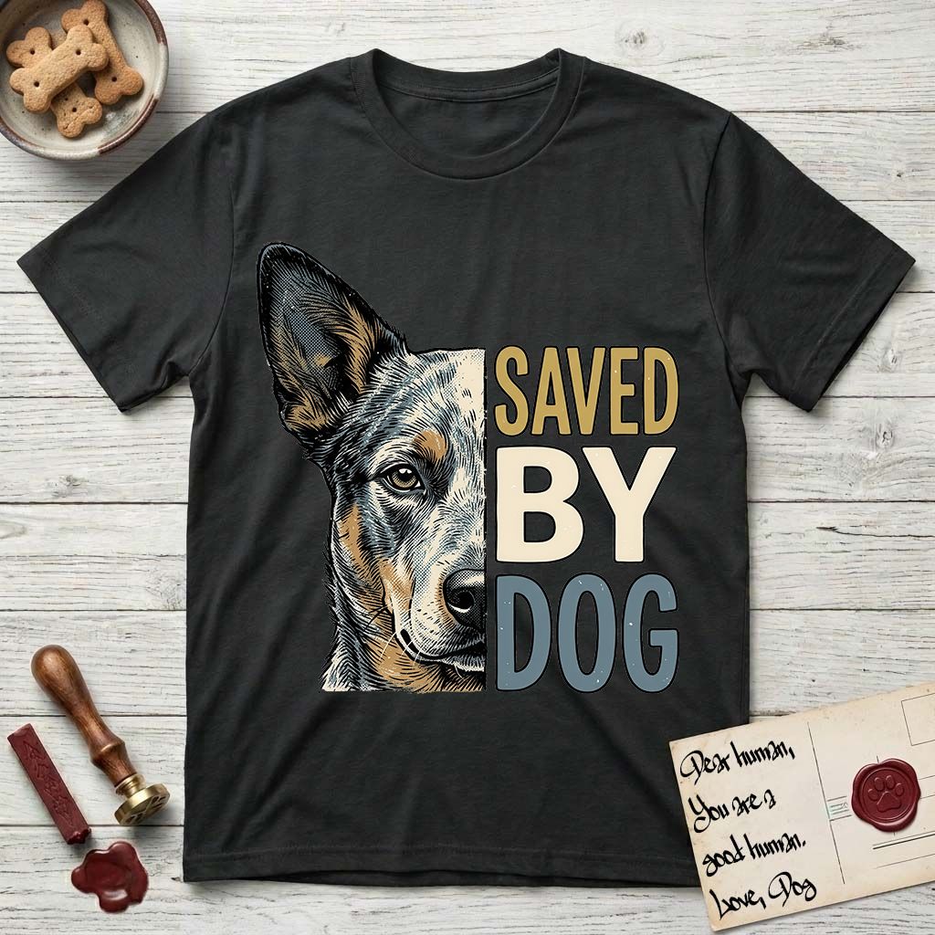 Saved by Dog Australian Cattle Dog T-Shirt flat lay in Black, featuring half an Australian Cattle Dog's face in distressed vintage screen print, blue-speckled with tan points and one amber eye, cropped down the centerline beside bold stacked block lettering.