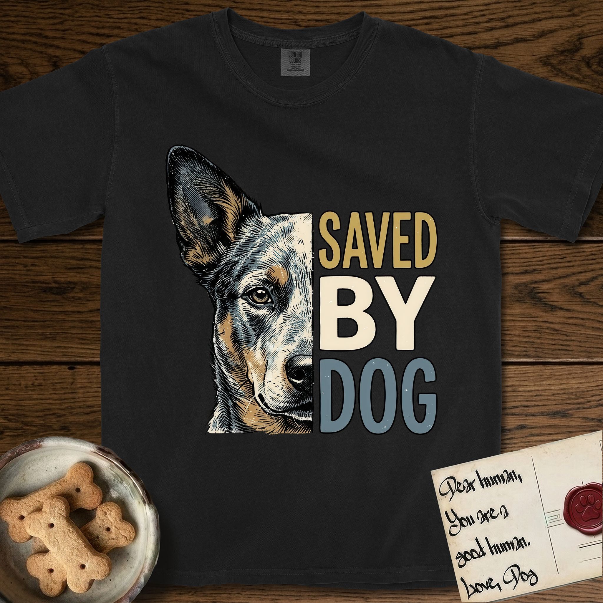 Saved by Dog Australian Cattle Dog T-Shirt flat lay in Black, featuring half an Australian Cattle Dog's face in distressed vintage screen print, blue-speckled with tan points and one amber eye, cropped down the centerline beside bold stacked block lettering.