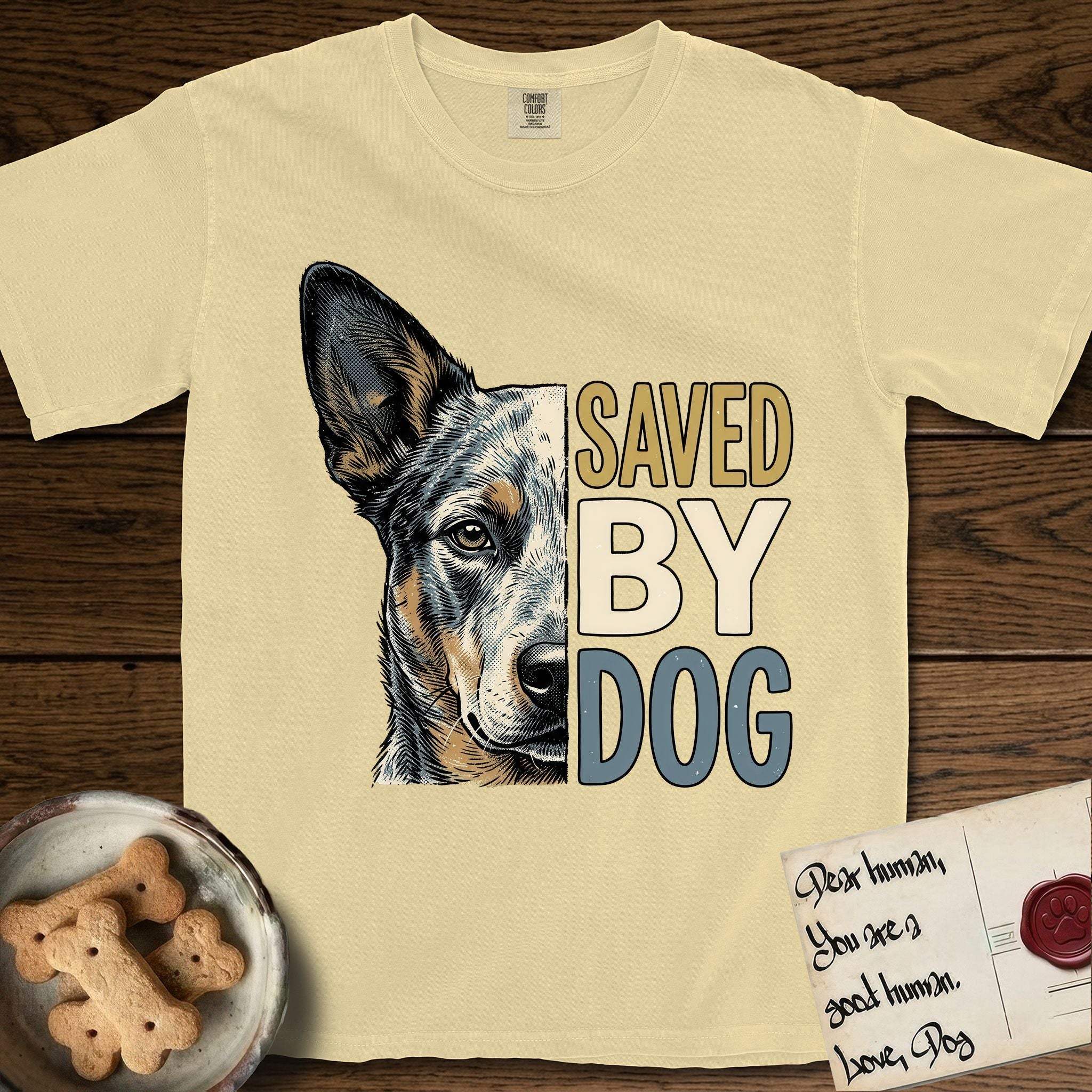 Saved by Dog Australian Cattle Dog T-Shirt flat lay in Butter, featuring half an Australian Cattle Dog's face in distressed vintage screen print, blue-speckled with tan points and one amber eye, cropped down the centerline beside bold stacked block lettering.