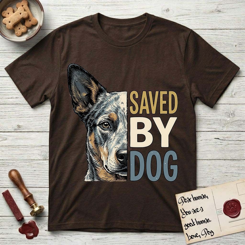 Saved by Dog Australian Cattle Dog T-Shirt flat lay in Dark Chocolate, featuring half an Australian Cattle Dog's face in distressed vintage screen print, blue-speckled with tan points and one amber eye, cropped down the centerline beside bold stacked block lettering.