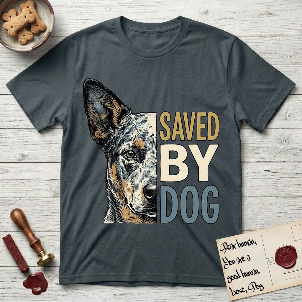 Saved by Dog Australian Cattle Dog T-Shirt flat lay in Dark Heather Grey, featuring half an Australian Cattle Dog's face in distressed vintage screen print, blue-speckled with tan points and one amber eye, cropped down the centerline beside bold stacked block lettering.