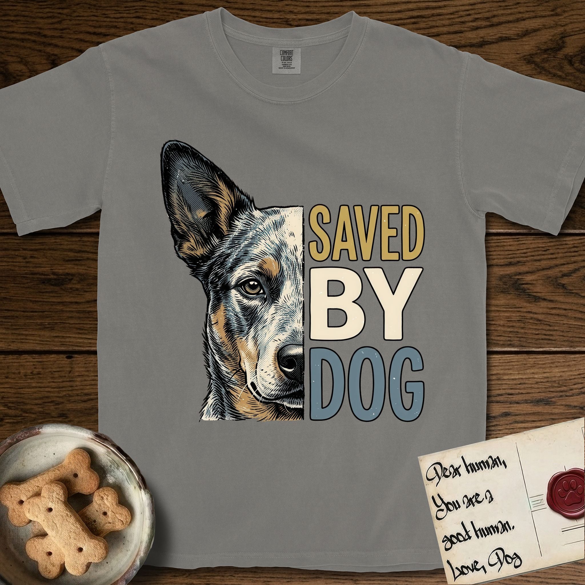 Saved by Dog Australian Cattle Dog T-Shirt flat lay in Grey, featuring half an Australian Cattle Dog's face in distressed vintage screen print, blue-speckled with tan points and one amber eye, cropped down the centerline beside bold stacked block lettering.