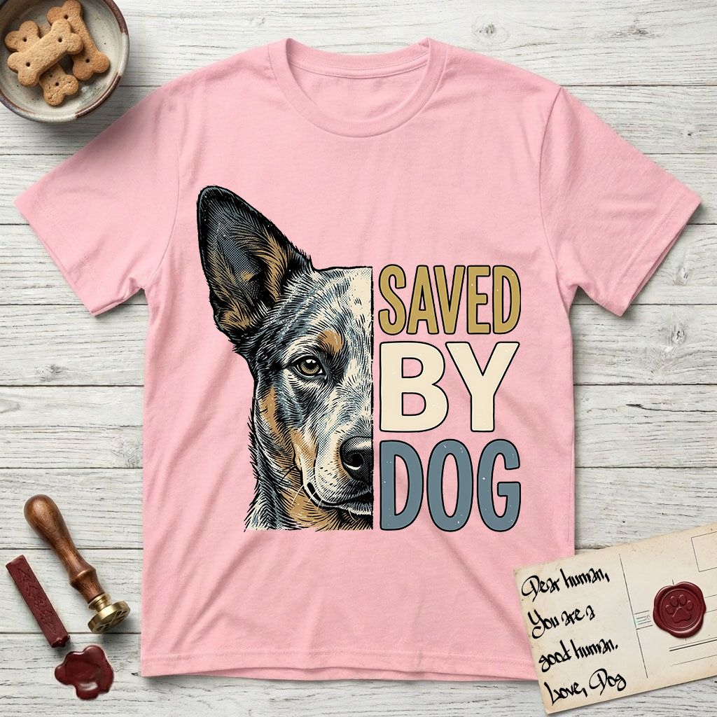 Saved by Dog Australian Cattle Dog T-Shirt flat lay in Light Pink, featuring half an Australian Cattle Dog's face in distressed vintage screen print, blue-speckled with tan points and one amber eye, cropped down the centerline beside bold stacked block lettering.