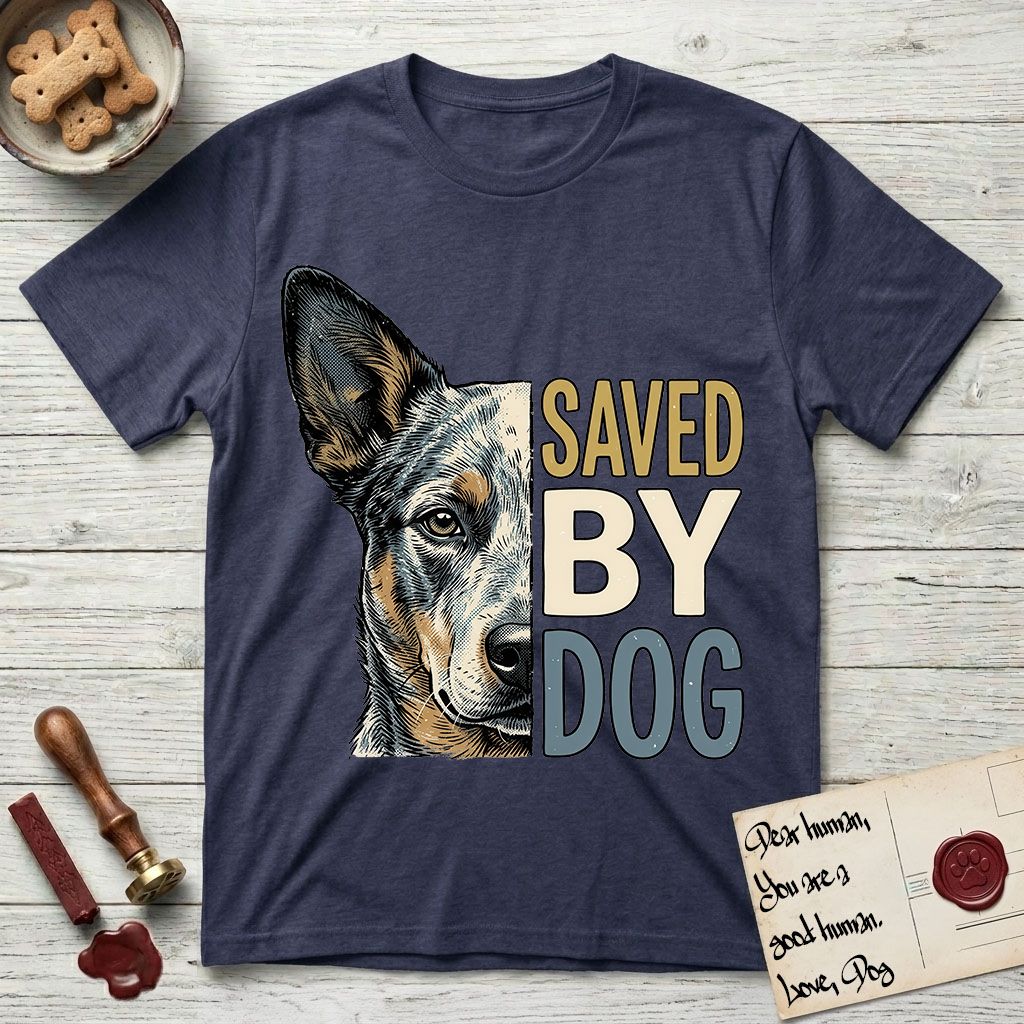 Saved by Dog Australian Cattle Dog T-Shirt flat lay in Navy, featuring half an Australian Cattle Dog's face in distressed vintage screen print, blue-speckled with tan points and one amber eye, cropped down the centerline beside bold stacked block lettering.