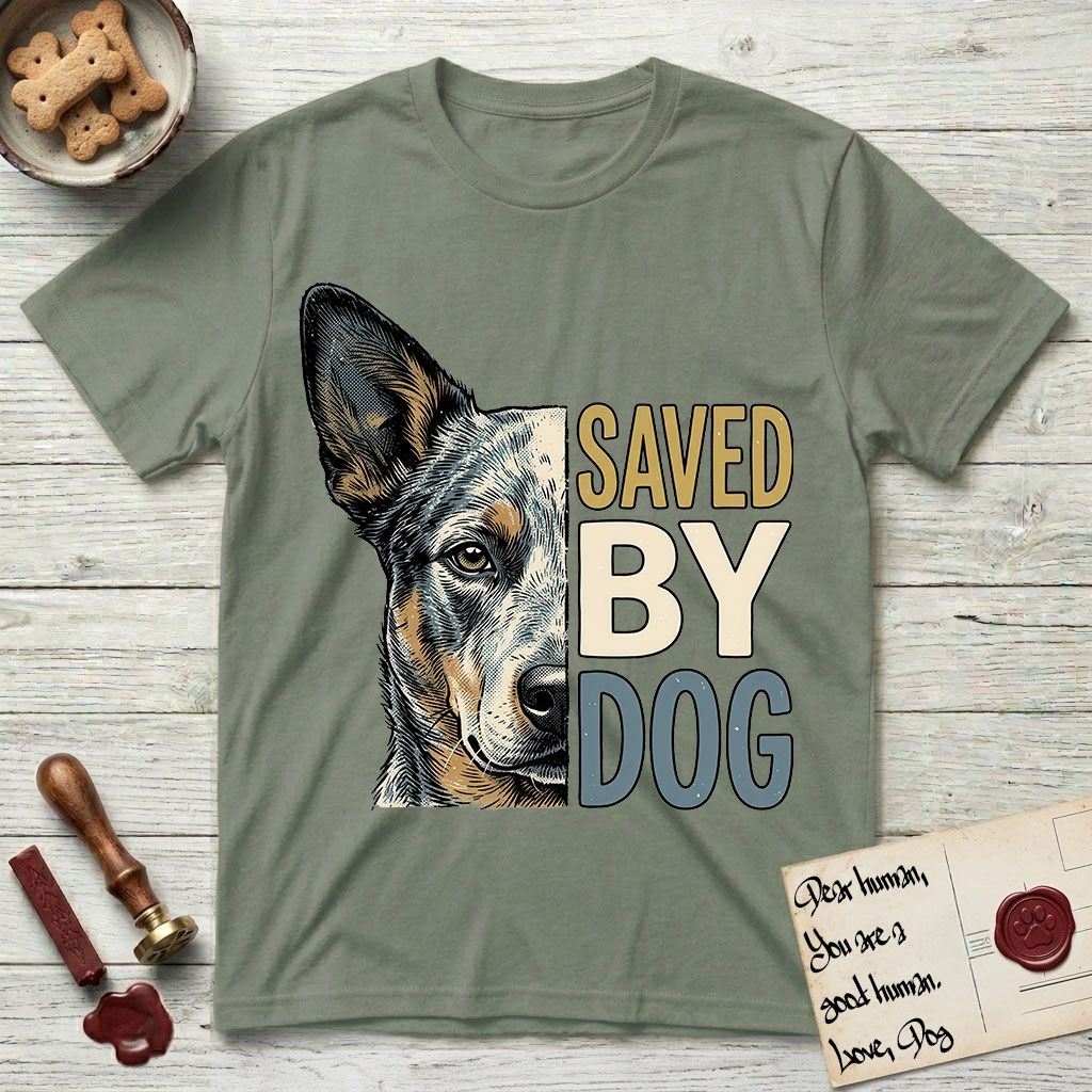 Saved by Dog Australian Cattle Dog T-Shirt flat lay in Sage, featuring half an Australian Cattle Dog's face in distressed vintage screen print, blue-speckled with tan points and one amber eye, cropped down the centerline beside bold stacked block lettering.