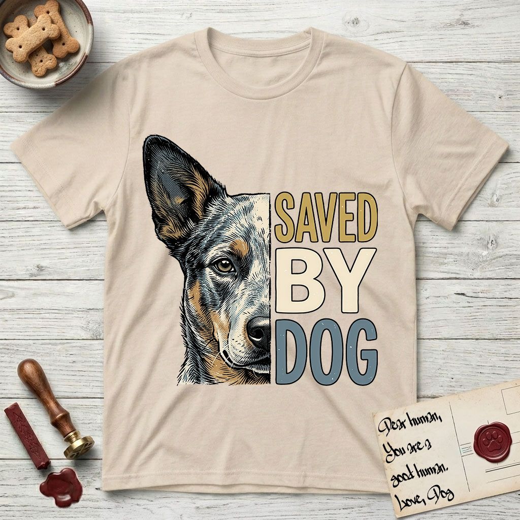 Saved by Dog Australian Cattle Dog T-Shirt flat lay in Sand, featuring half an Australian Cattle Dog's face in distressed vintage screen print, blue-speckled with tan points and one amber eye, cropped down the centerline beside bold stacked block lettering.
