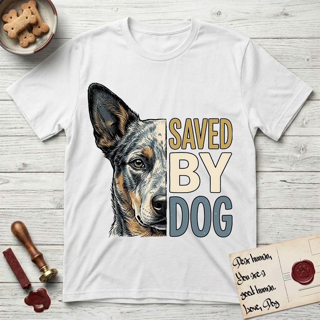 Saved by Dog Australian Cattle Dog T-Shirt flat lay in White, featuring half an Australian Cattle Dog's face in distressed vintage screen print, blue-speckled with tan points and one amber eye, cropped down the centerline beside bold stacked block lettering.