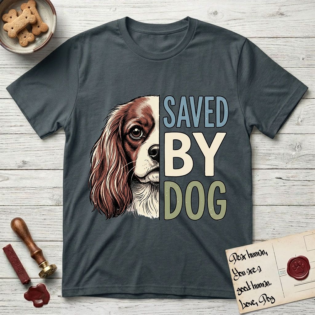 Saved by Dog Cavalier T-Shirt flat lay in Dark Heather Grey, featuring half a chestnut-and-white Cavalier's face in distressed vintage screen print, one long feathered ear and a large soft eye, cropped down the centerline beside bold stacked block lettering.