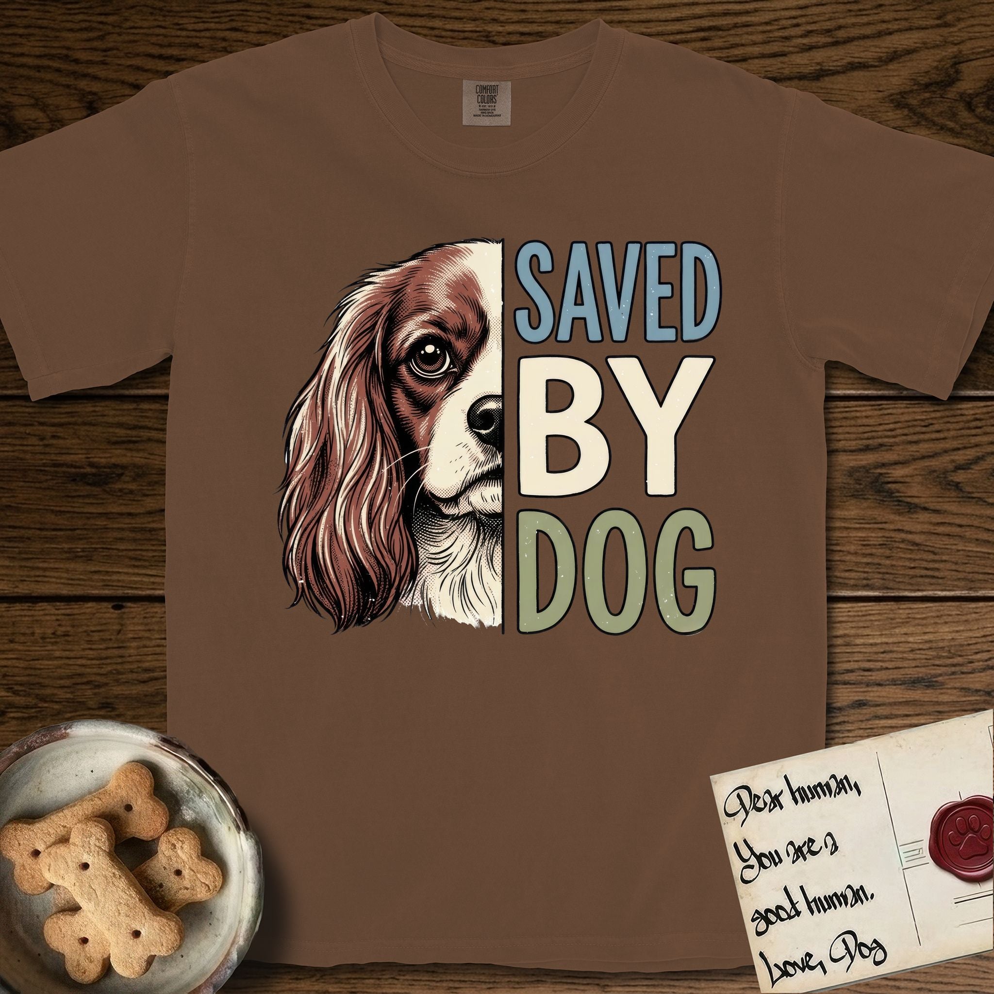 Saved by Dog Cavalier T-Shirt flat lay in Espresso, featuring half a chestnut-and-white Cavalier's face in distressed vintage screen print, one long feathered ear and a large soft eye, cropped down the centerline beside bold stacked block lettering.