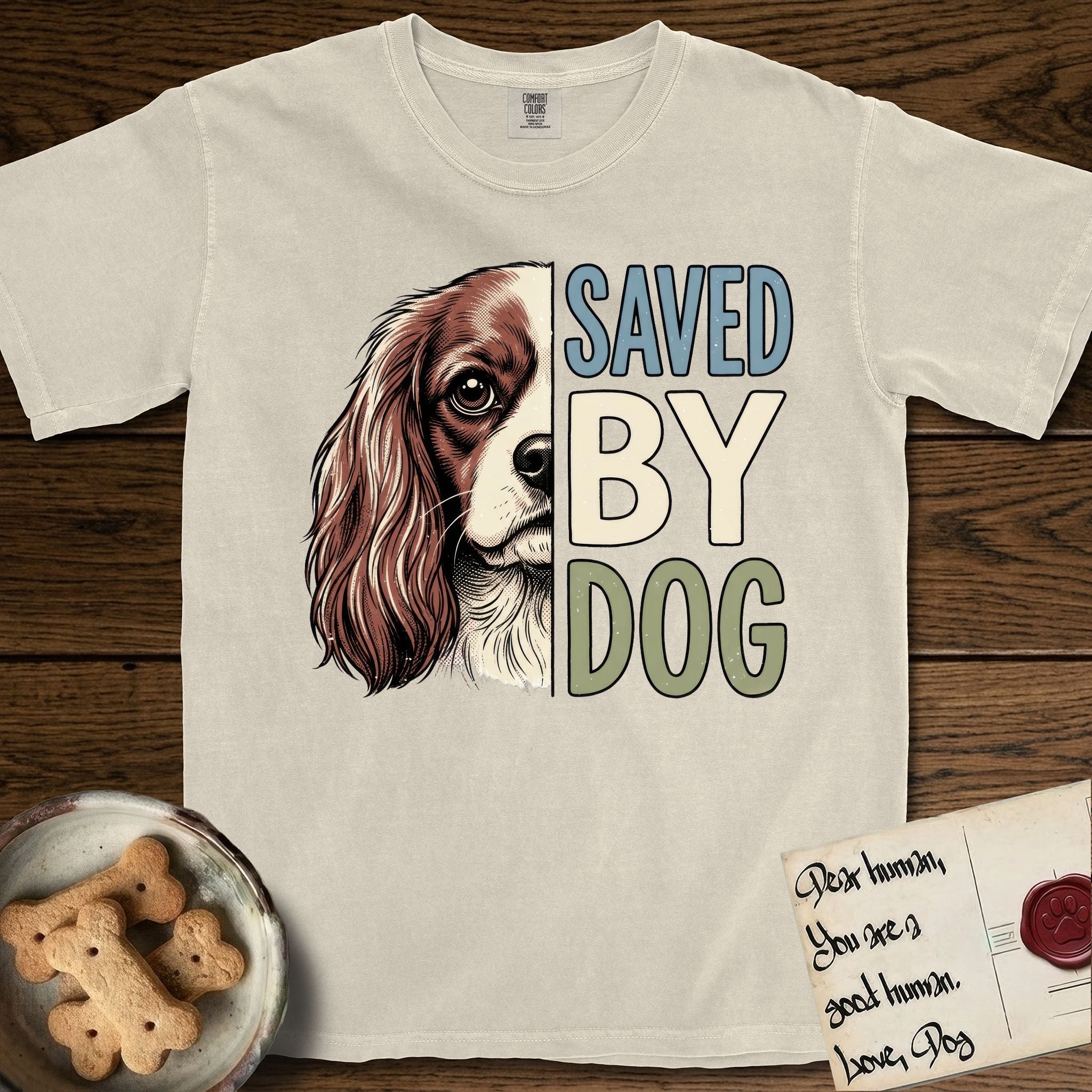 Saved by Dog Cavalier T-Shirt flat lay in Ivory, featuring half a chestnut-and-white Cavalier's face in distressed vintage screen print, one long feathered ear and a large soft eye, cropped down the centerline beside bold stacked block lettering.