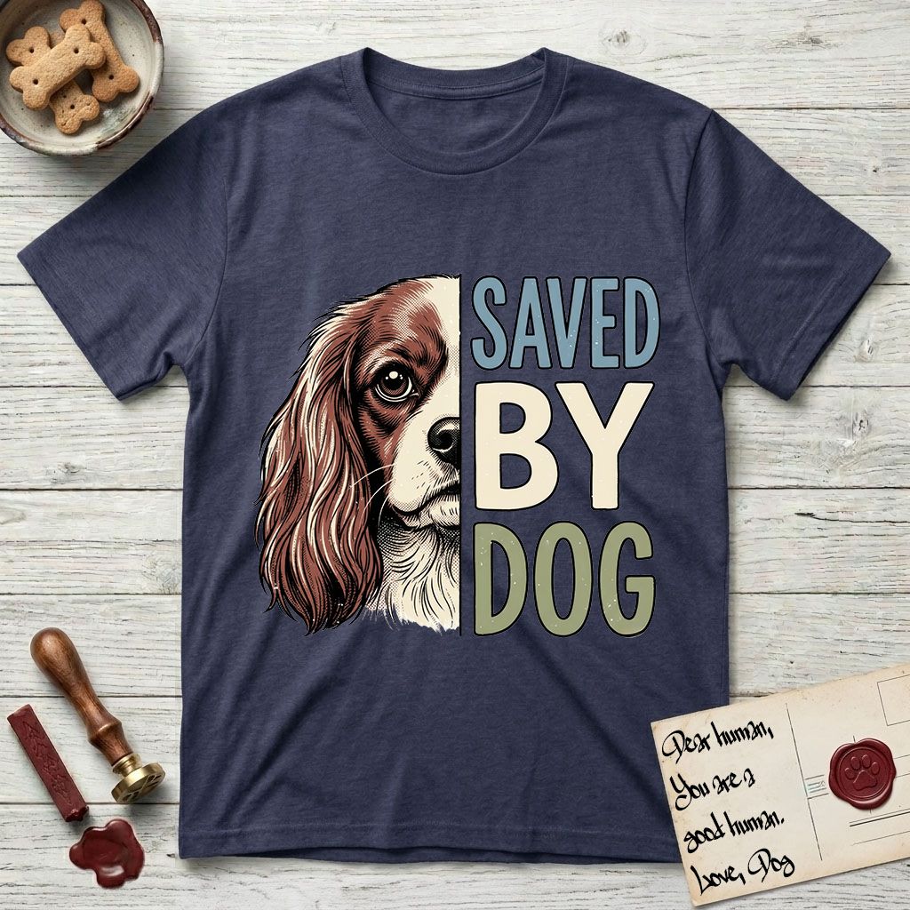 Saved by Dog Cavalier T-Shirt flat lay in Navy, featuring half a chestnut-and-white Cavalier's face in distressed vintage screen print, one long feathered ear and a large soft eye, cropped down the centerline beside bold stacked block lettering.