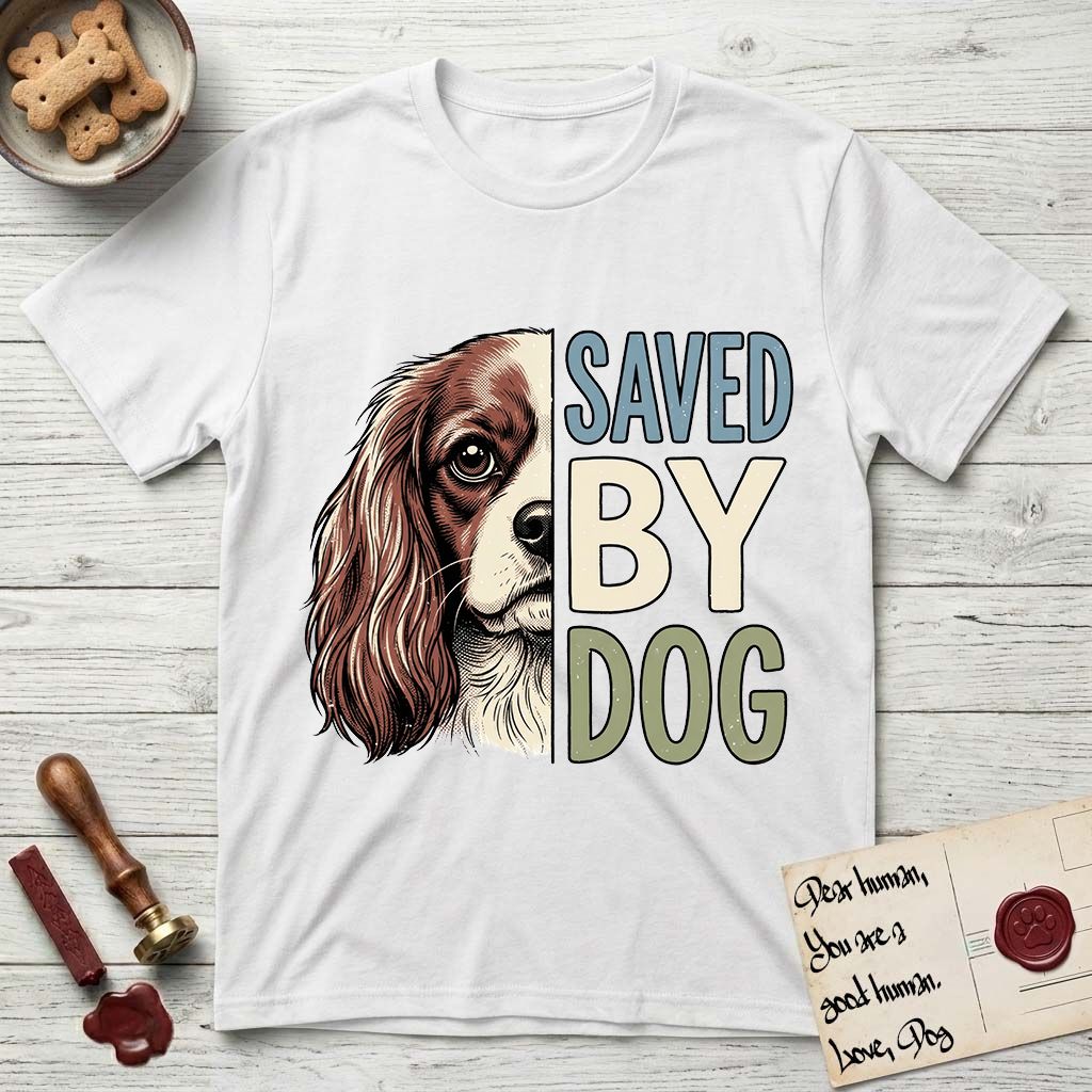 Saved by Dog Cavalier T-Shirt flat lay in White, featuring half a chestnut-and-white Cavalier's face in distressed vintage screen print, one long feathered ear and a large soft eye, cropped down the centerline beside bold stacked block lettering.