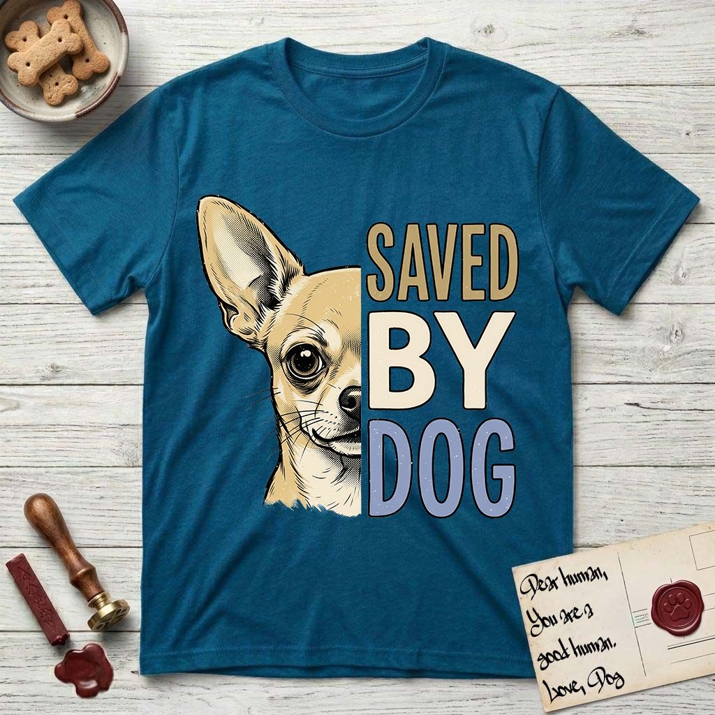 Saved by Dog Chihuahua T-Shirt flat lay in Antique Sapphire, featuring half a fawn Chihuahua's face in distressed vintage screen print, one huge upright ear and an enormous dark eye, cropped down the centerline beside bold stacked block lettering.