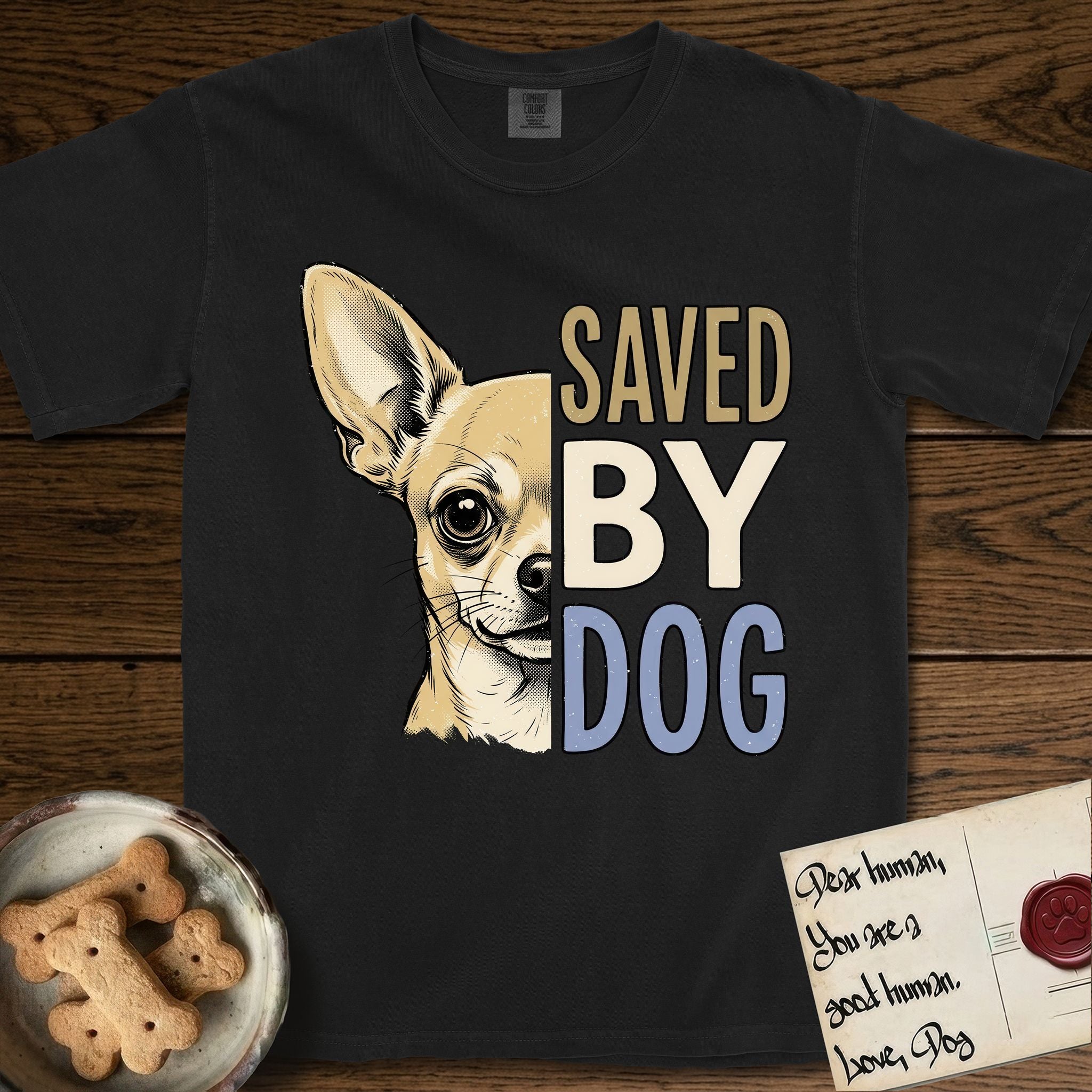 Saved by Dog Chihuahua T-Shirt flat lay in Black, featuring half a fawn Chihuahua's face in distressed vintage screen print, one huge upright ear and an enormous dark eye, cropped down the centerline beside bold stacked block lettering.