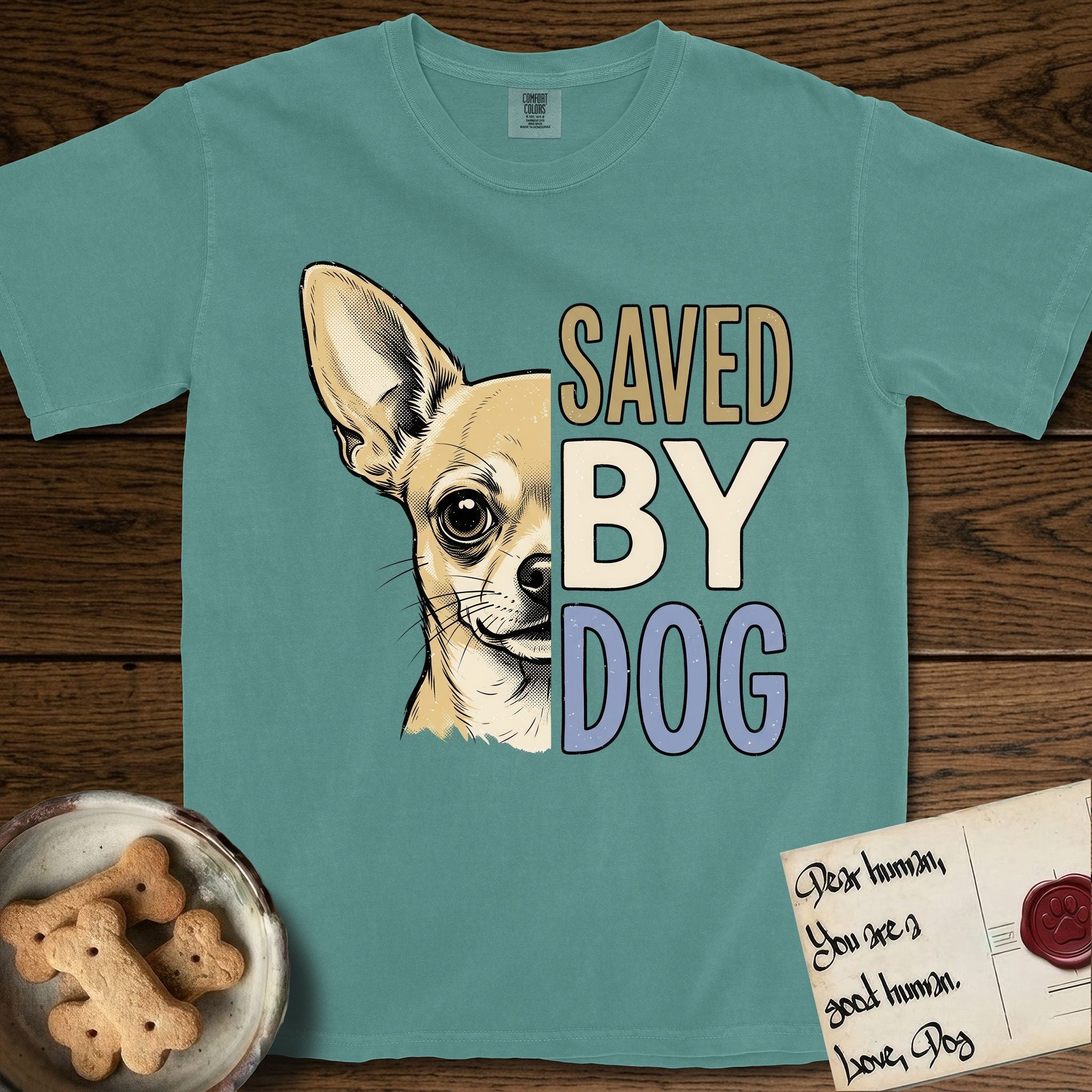 Saved by Dog Chihuahua T-Shirt flat lay in Blue Spruce, featuring half a fawn Chihuahua's face in distressed vintage screen print, one huge upright ear and an enormous dark eye, cropped down the centerline beside bold stacked block lettering.