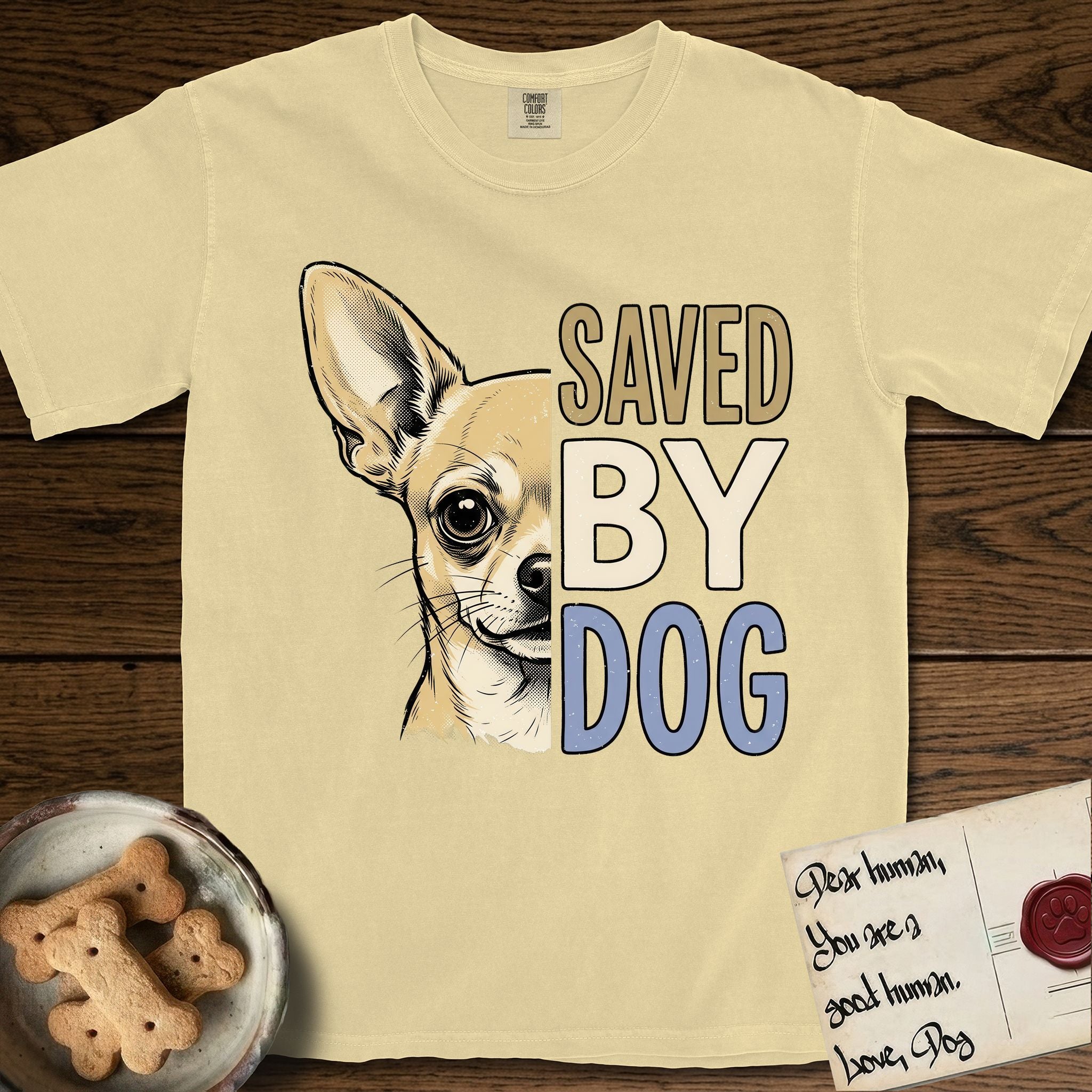 Saved by Dog Chihuahua T-Shirt flat lay in Butter, featuring half a fawn Chihuahua's face in distressed vintage screen print, one huge upright ear and an enormous dark eye, cropped down the centerline beside bold stacked block lettering.