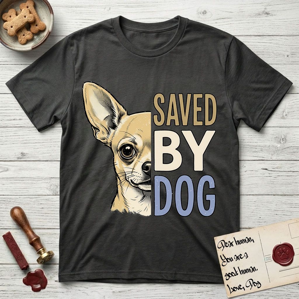 Saved by Dog Chihuahua T-Shirt flat lay in Charcoal, featuring half a fawn Chihuahua's face in distressed vintage screen print, one huge upright ear and an enormous dark eye, cropped down the centerline beside bold stacked block lettering.