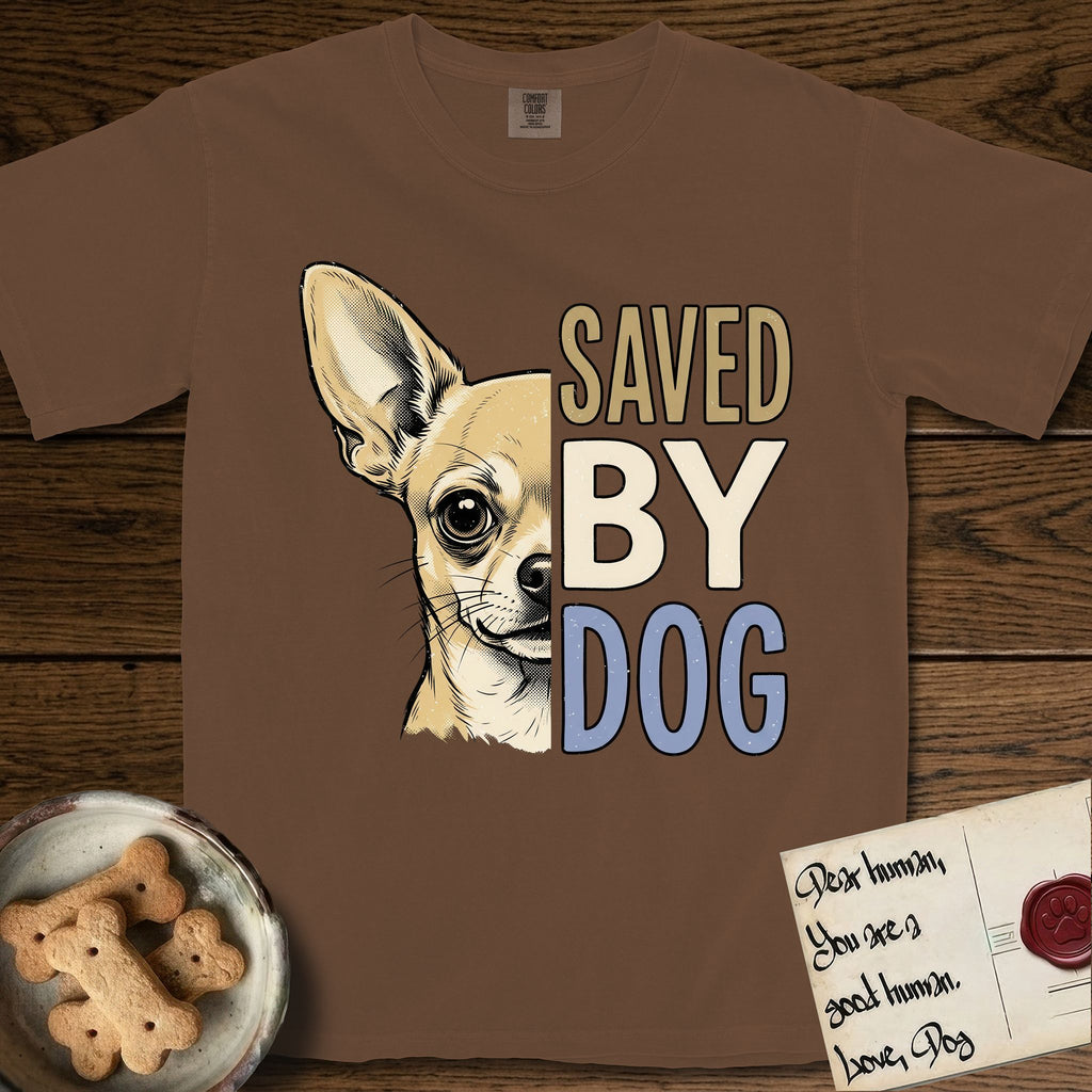 Saved by Dog Chihuahua T-Shirt flat lay in Espresso, featuring half a fawn Chihuahua's face in distressed vintage screen print, one huge upright ear and an enormous dark eye, cropped down the centerline beside bold stacked block lettering.