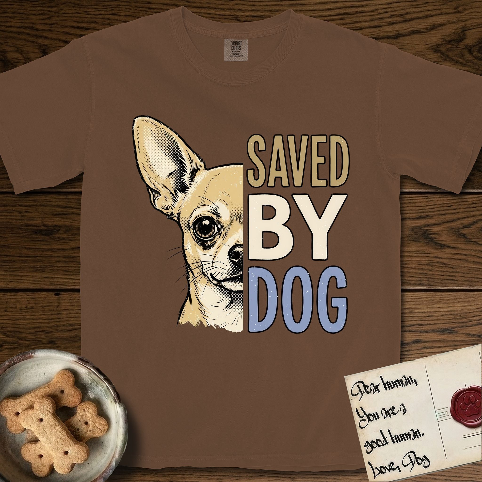 Saved by Dog Chihuahua T-Shirt flat lay in Espresso, featuring half a fawn Chihuahua's face in distressed vintage screen print, one huge upright ear and an enormous dark eye, cropped down the centerline beside bold stacked block lettering.