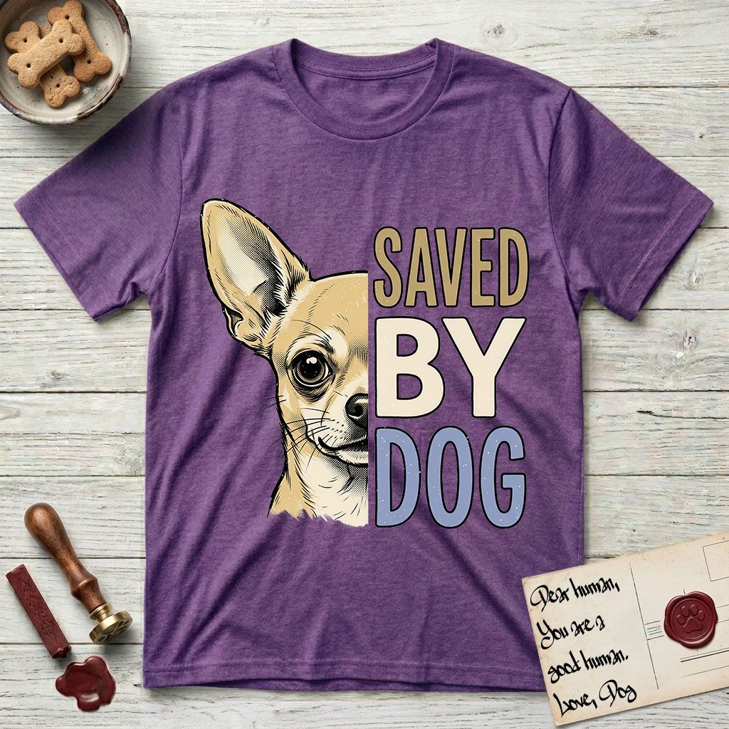 Saved by Dog Chihuahua T-Shirt flat lay in Heather Purple, featuring half a fawn Chihuahua's face in distressed vintage screen print, one huge upright ear and an enormous dark eye, cropped down the centerline beside bold stacked block lettering.