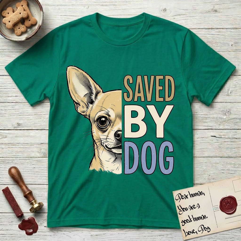 Saved by Dog Chihuahua T-Shirt flat lay in Kelly Green, featuring half a fawn Chihuahua's face in distressed vintage screen print, one huge upright ear and an enormous dark eye, cropped down the centerline beside bold stacked block lettering.