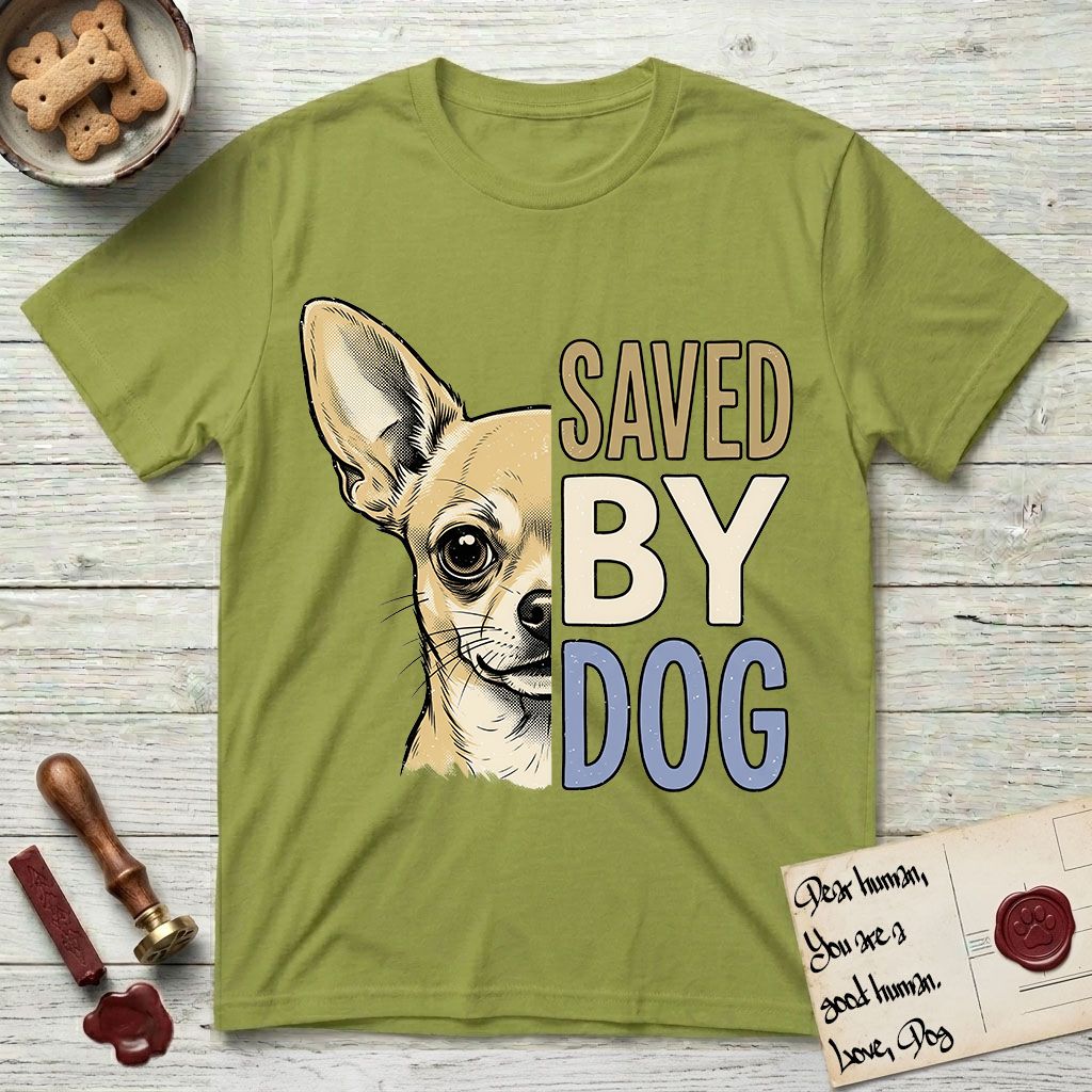 Saved by Dog Chihuahua T-Shirt flat lay in Kiwi, featuring half a fawn Chihuahua's face in distressed vintage screen print, one huge upright ear and an enormous dark eye, cropped down the centerline beside bold stacked block lettering.