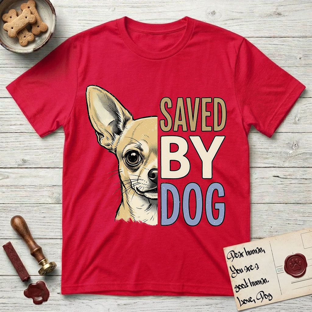 Saved by Dog Chihuahua T-Shirt flat lay in Red, featuring half a fawn Chihuahua's face in distressed vintage screen print, one huge upright ear and an enormous dark eye, cropped down the centerline beside bold stacked block lettering.