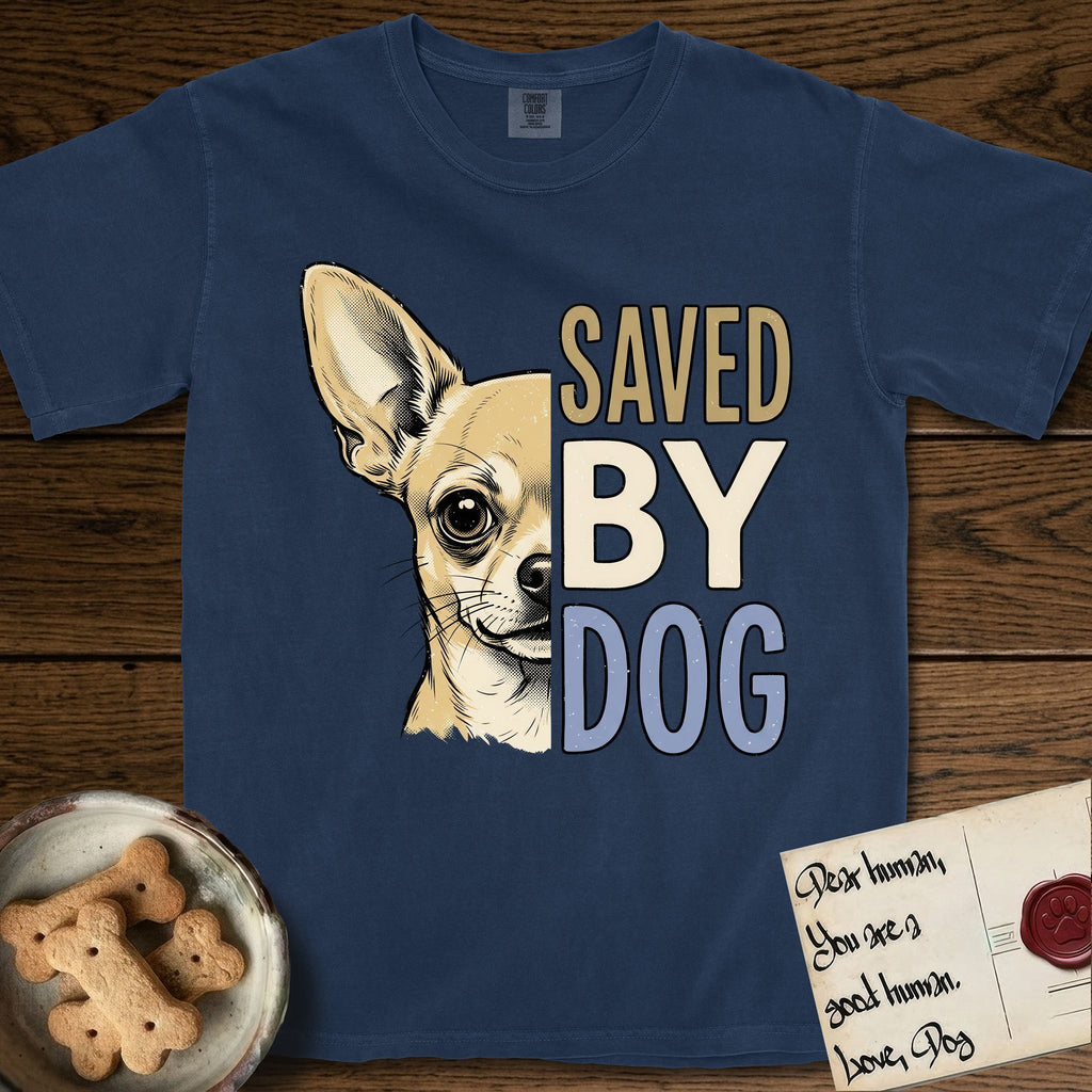Saved by Dog Chihuahua T-Shirt flat lay in True Navy, featuring half a fawn Chihuahua's face in distressed vintage screen print, one huge upright ear and an enormous dark eye, cropped down the centerline beside bold stacked block lettering.