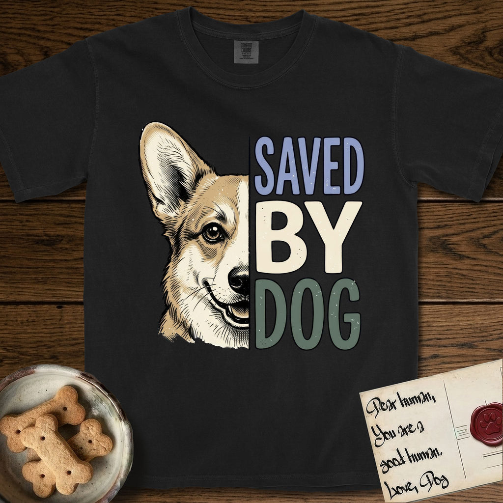 Saved by Dog Corgi T-Shirt flat lay in Black, featuring half a tan-and-cream Corgi's face in distressed vintage screen print, one upright ear and a foxy grin, cropped down the centerline beside bold stacked block lettering.