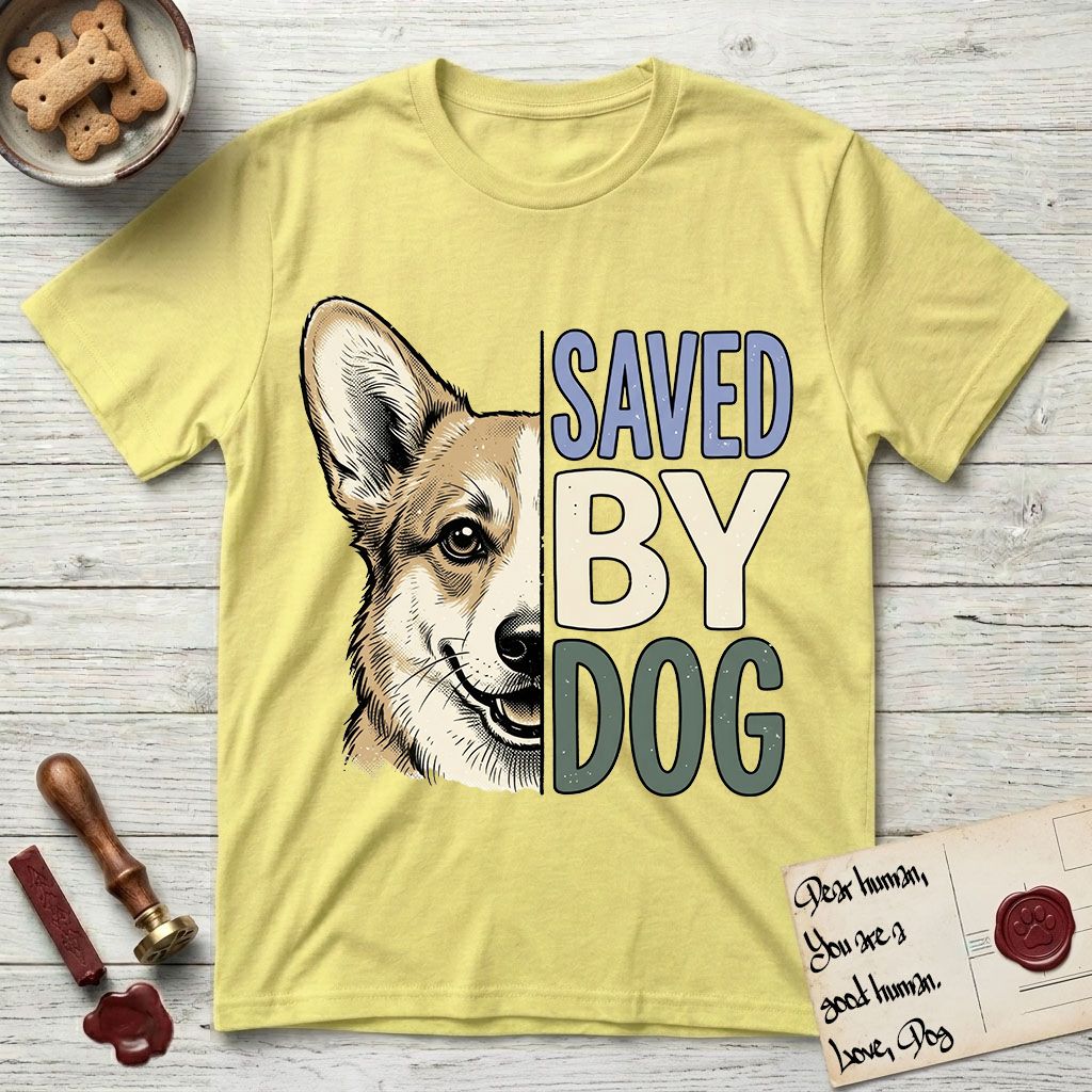 Saved by Dog Corgi T-Shirt flat lay in Cornsilk, featuring half a tan-and-cream Corgi's face in distressed vintage screen print, one upright ear and a foxy grin, cropped down the centerline beside bold stacked block lettering.