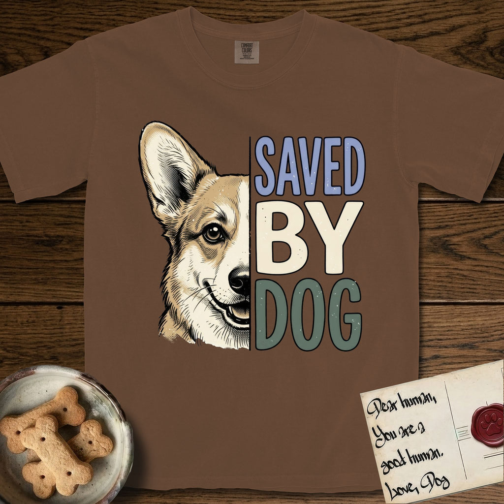 Saved by Dog Corgi T-Shirt flat lay in Espresso, featuring half a tan-and-cream Corgi's face in distressed vintage screen print, one upright ear and a foxy grin, cropped down the centerline beside bold stacked block lettering.