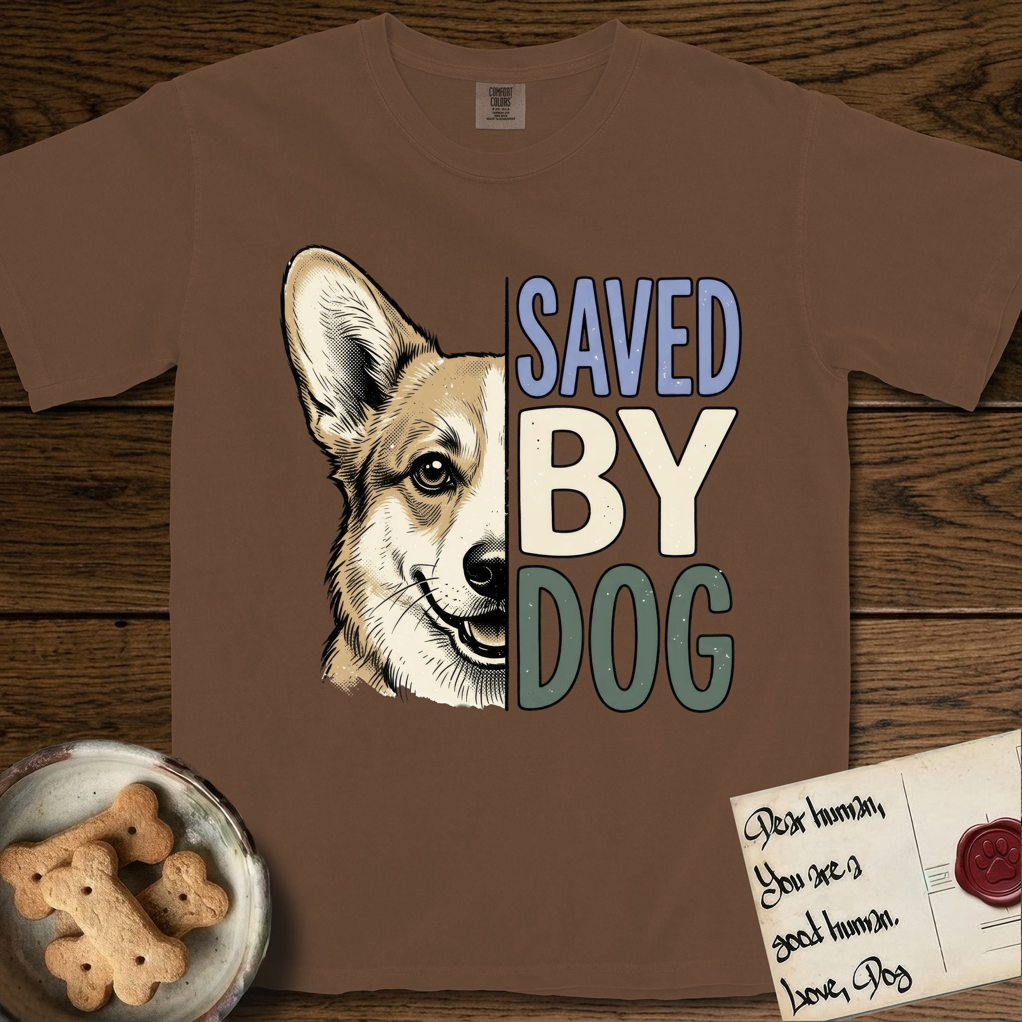 Saved by Dog Corgi T-Shirt flat lay in Espresso, featuring half a tan-and-cream Corgi's face in distressed vintage screen print, one upright ear and a foxy grin, cropped down the centerline beside bold stacked block lettering.