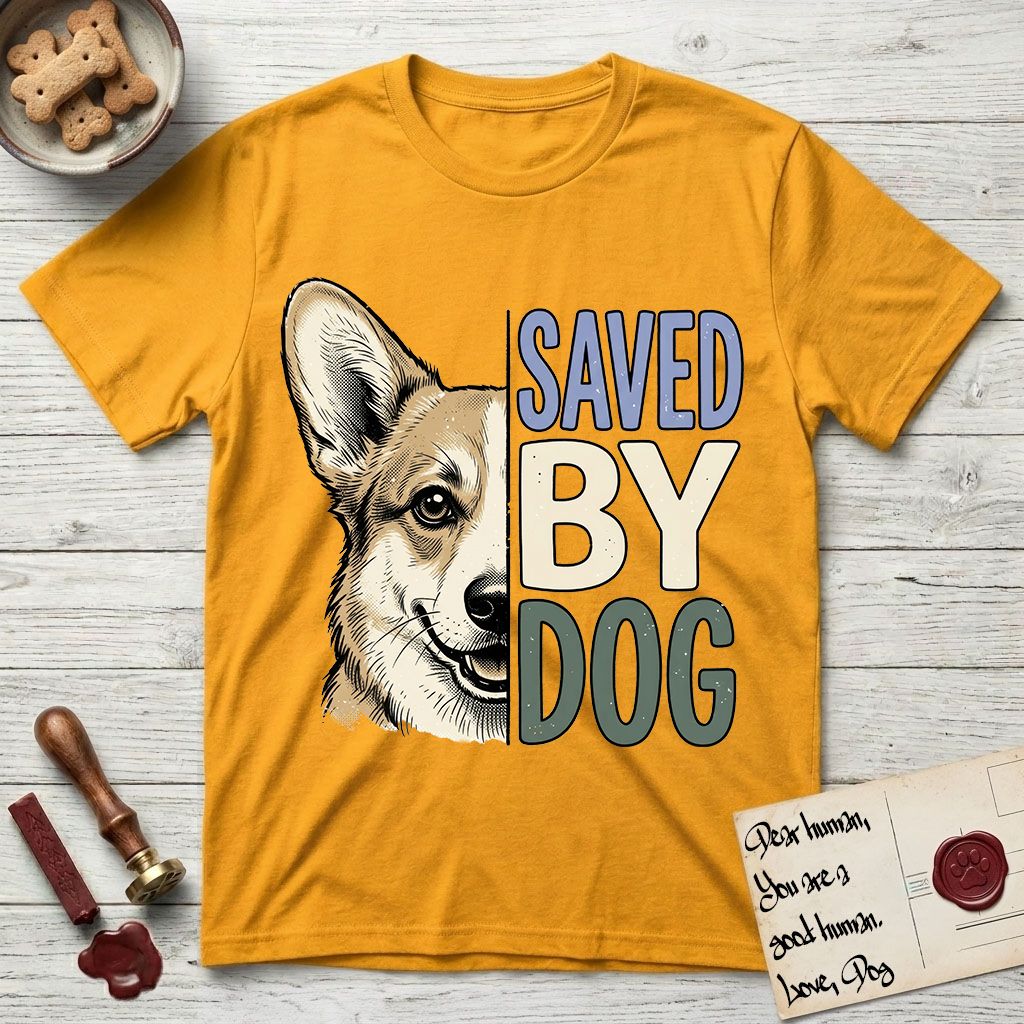 Saved by Dog Corgi T-Shirt flat lay in Gold, featuring half a tan-and-cream Corgi's face in distressed vintage screen print, one upright ear and a foxy grin, cropped down the centerline beside bold stacked block lettering.