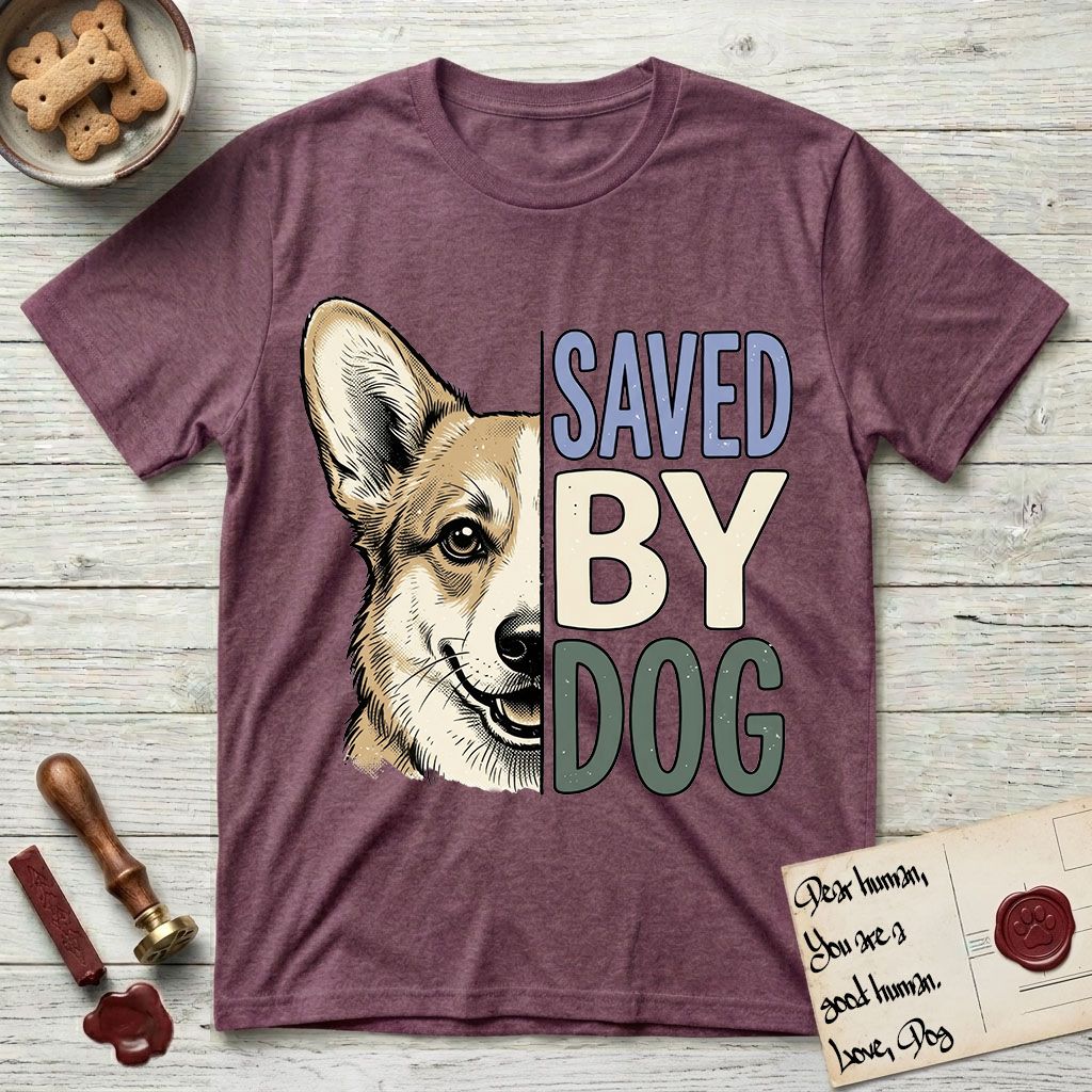 Saved by Dog Corgi T-Shirt flat lay in Heather Maroon, featuring half a tan-and-cream Corgi's face in distressed vintage screen print, one upright ear and a foxy grin, cropped down the centerline beside bold stacked block lettering.
