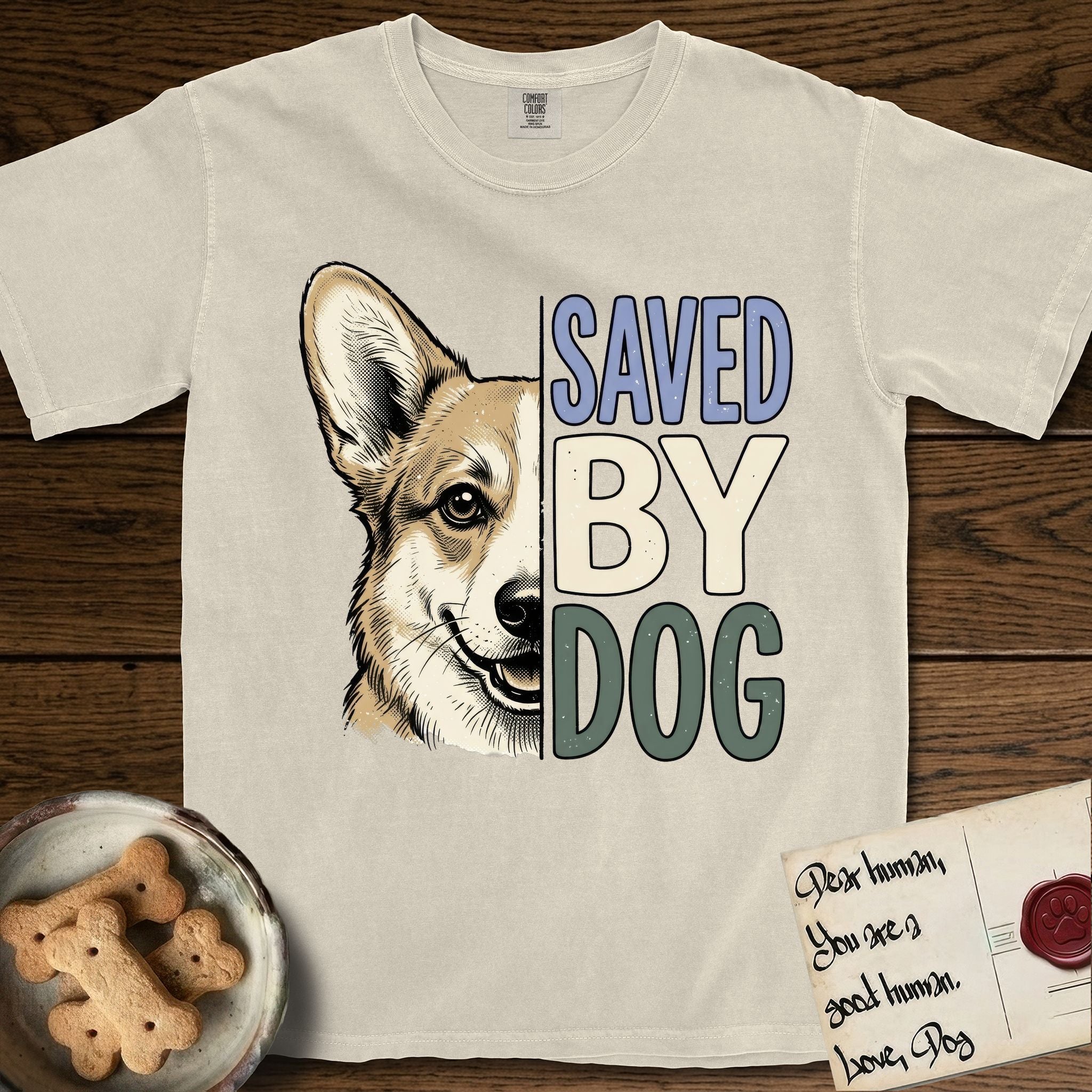Saved by Dog Corgi T-Shirt flat lay in Ivory, featuring half a tan-and-cream Corgi's face in distressed vintage screen print, one upright ear and a foxy grin, cropped down the centerline beside bold stacked block lettering.