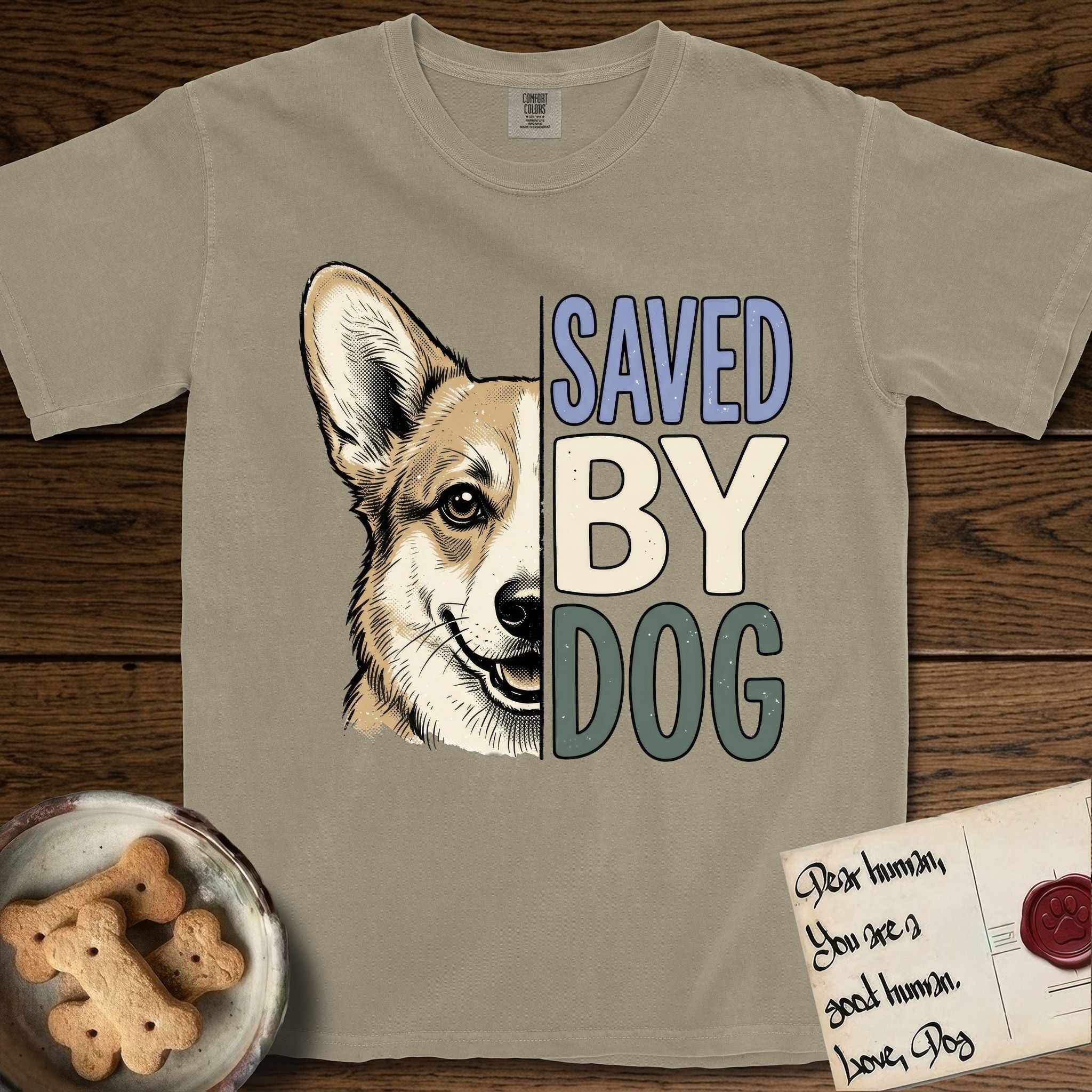 Saved by Dog Corgi T-Shirt flat lay in Khaki, featuring half a tan-and-cream Corgi's face in distressed vintage screen print, one upright ear and a foxy grin, cropped down the centerline beside bold stacked block lettering.