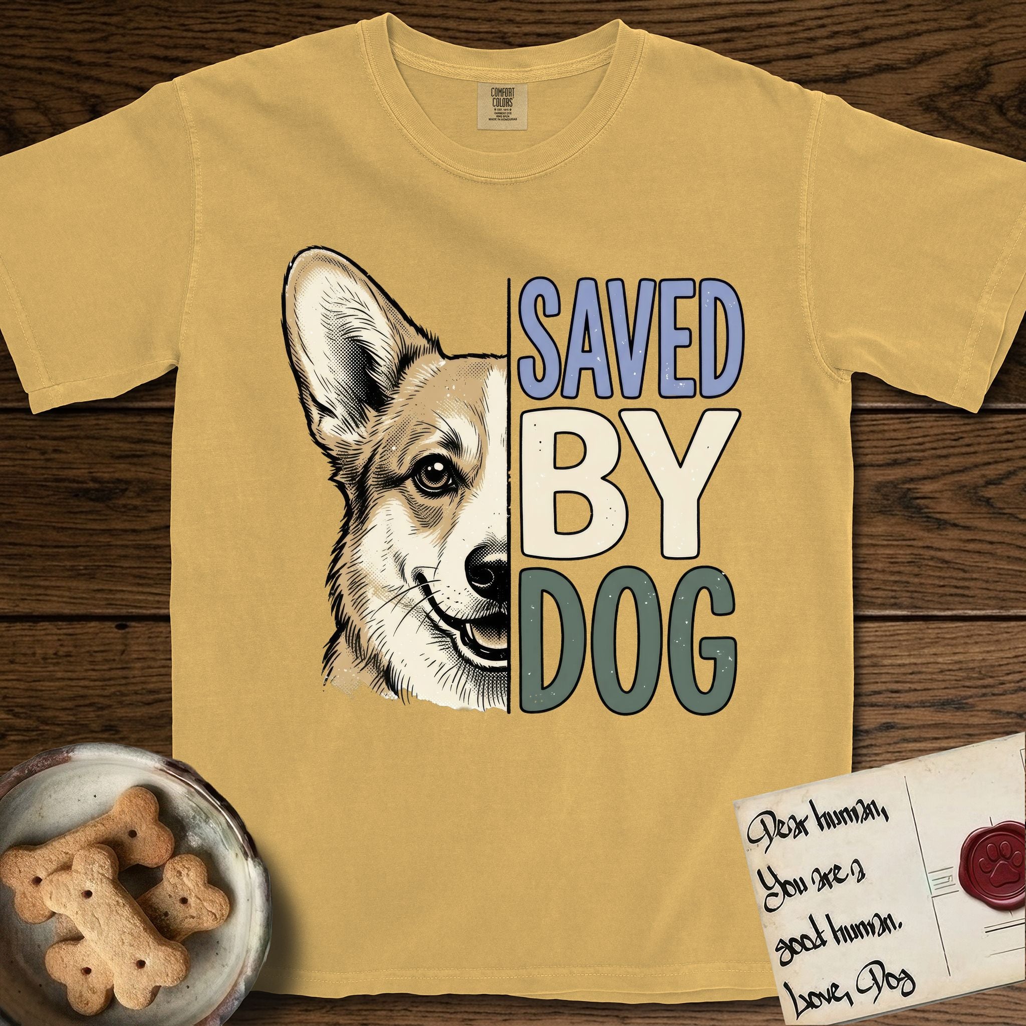 Saved by Dog Corgi T-Shirt flat lay in Mustard, featuring half a tan-and-cream Corgi's face in distressed vintage screen print, one upright ear and a foxy grin, cropped down the centerline beside bold stacked block lettering.